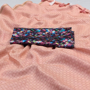Peach Checks Printed Jute Saree - Peachmode