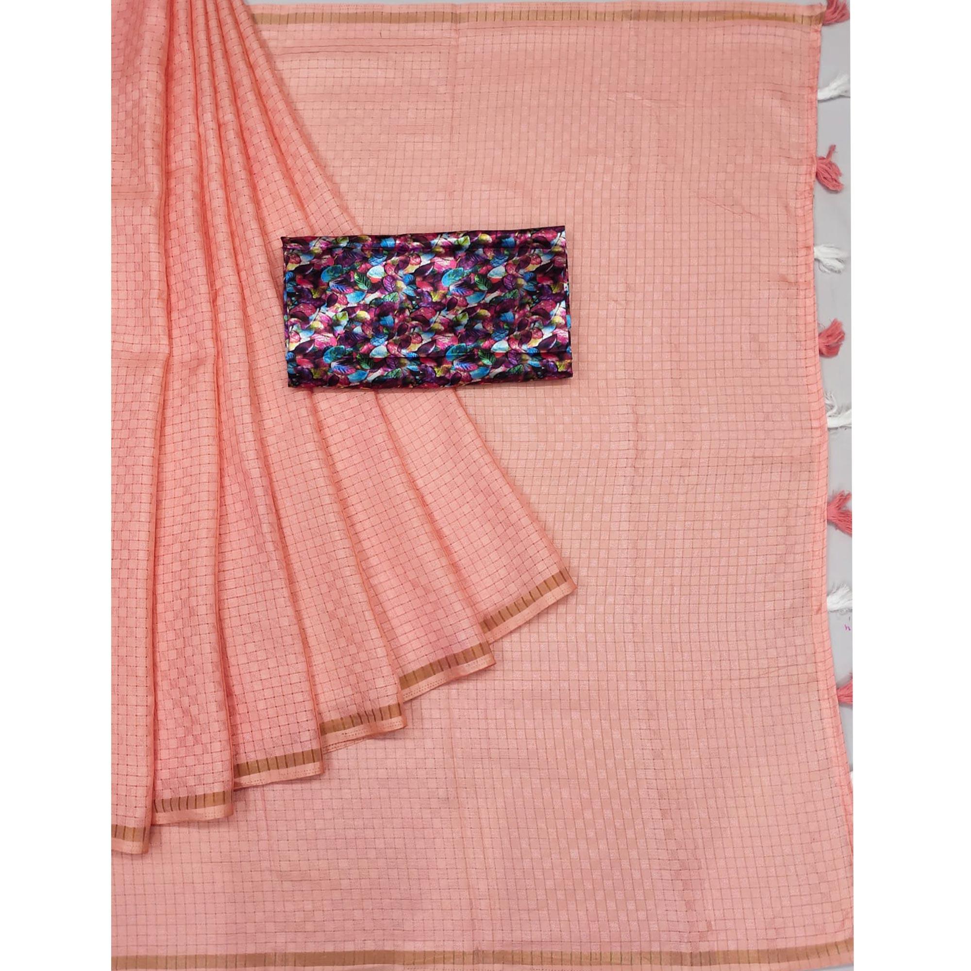 Peach Checks Printed Jute Saree - Peachmode