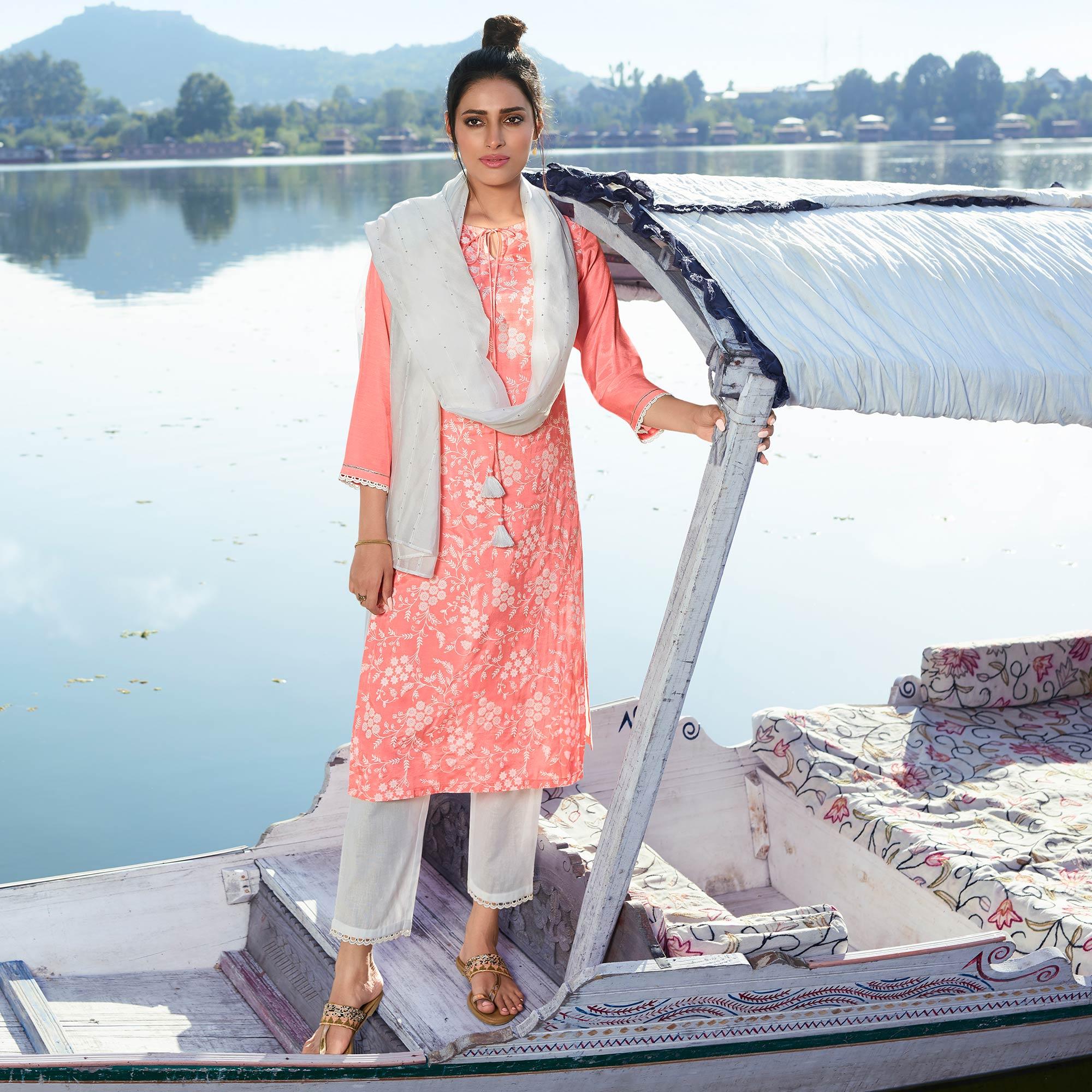 Peach Colored Printed Viscose Silk Kurti - Pant Set With Dupatta - Peachmode