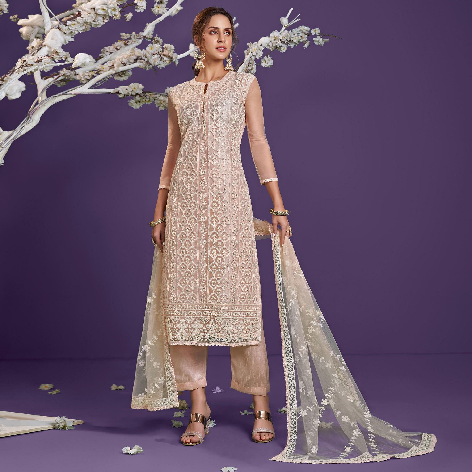 Peach Cotton Thread Embroidery With Sequence Net Partywear Suit - Peachmode