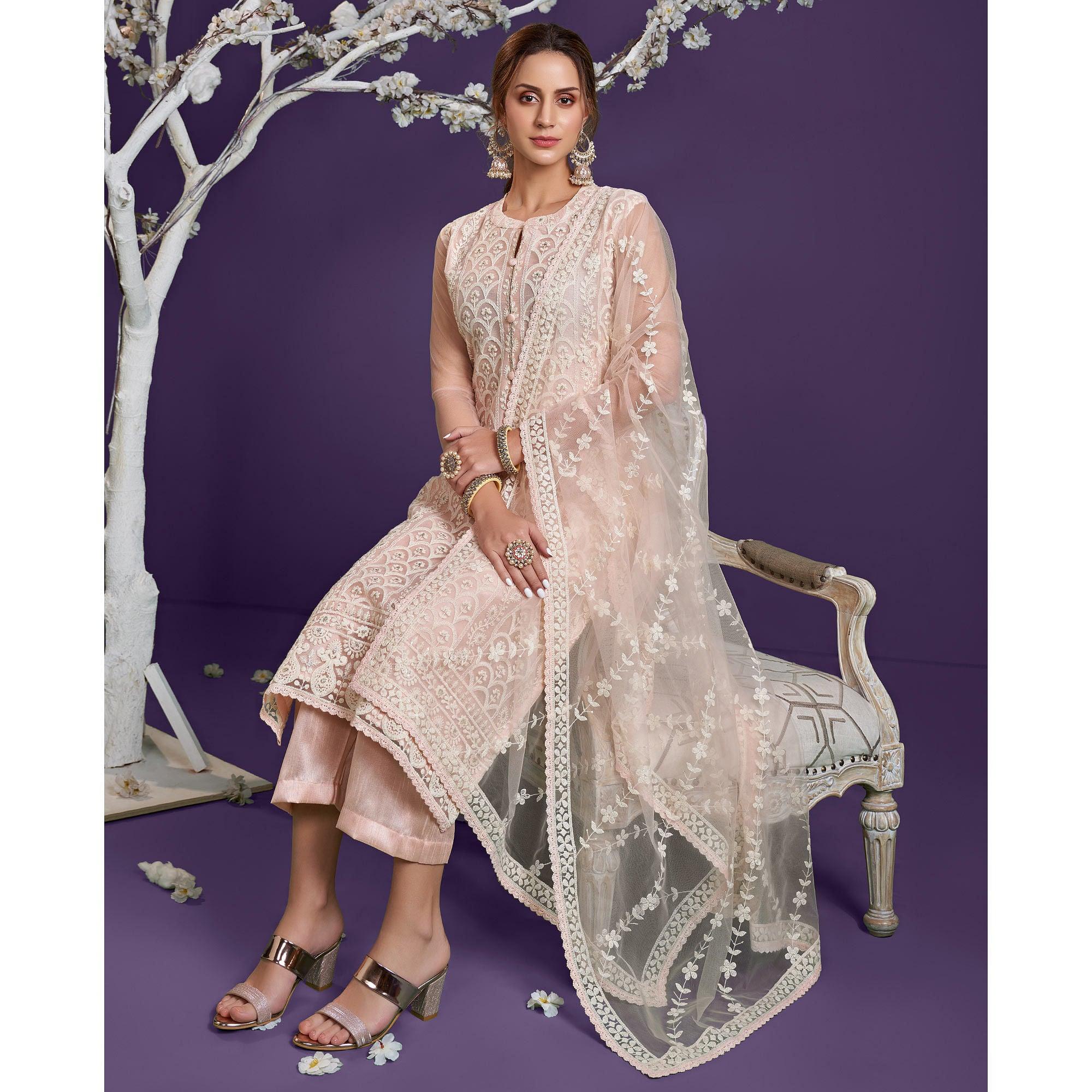 Peach Cotton Thread Embroidery With Sequence Net Partywear Suit - Peachmode