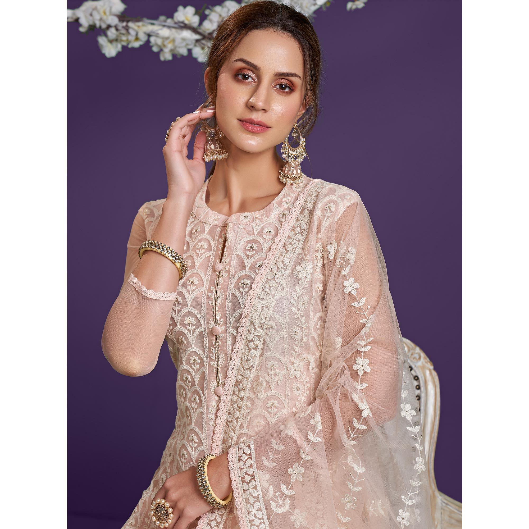 Peach Cotton Thread Embroidery With Sequence Net Partywear Suit - Peachmode