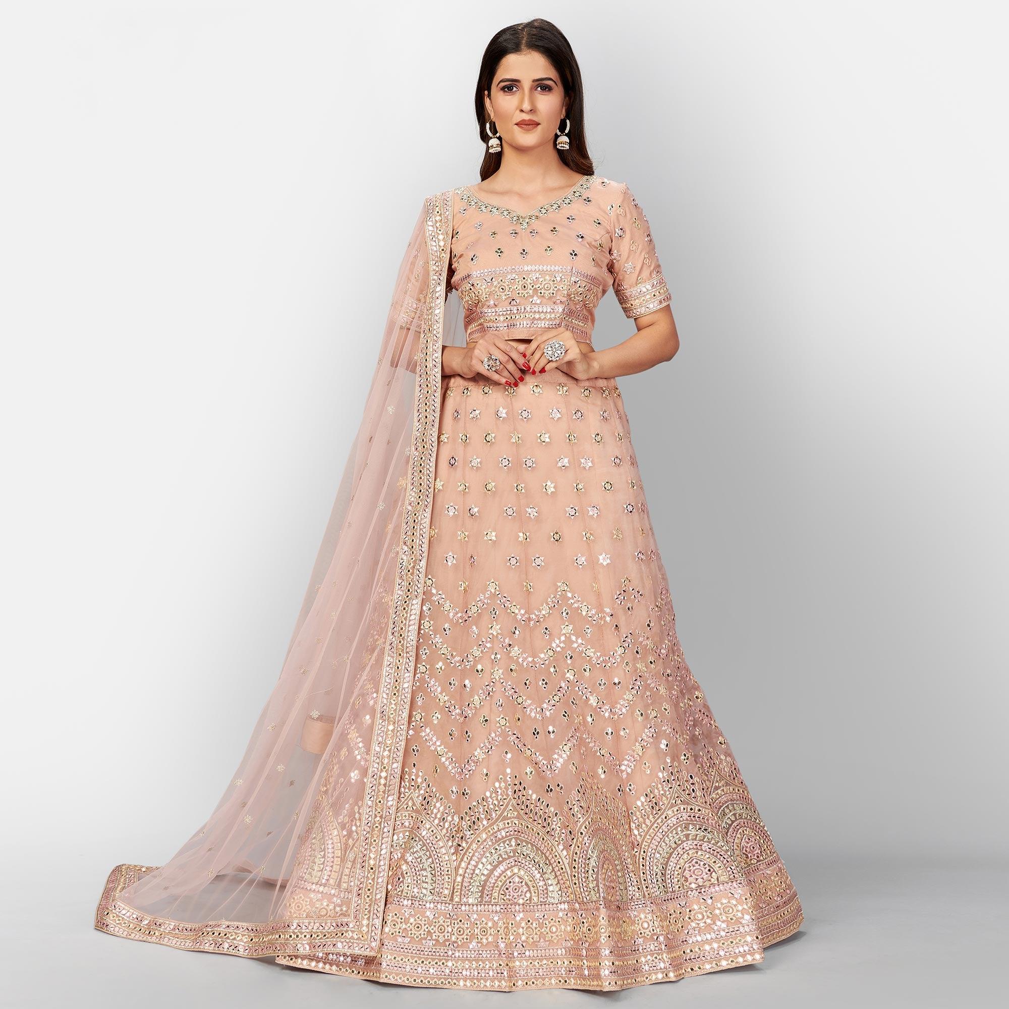 Peach Designer Wedding Wear Foil & Mirror Organza Lehenga Choli - Peachmode