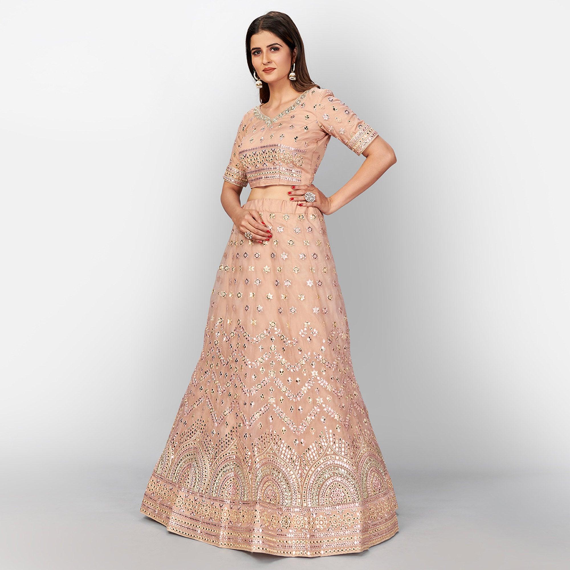 Peach Designer Wedding Wear Foil & Mirror Organza Lehenga Choli - Peachmode