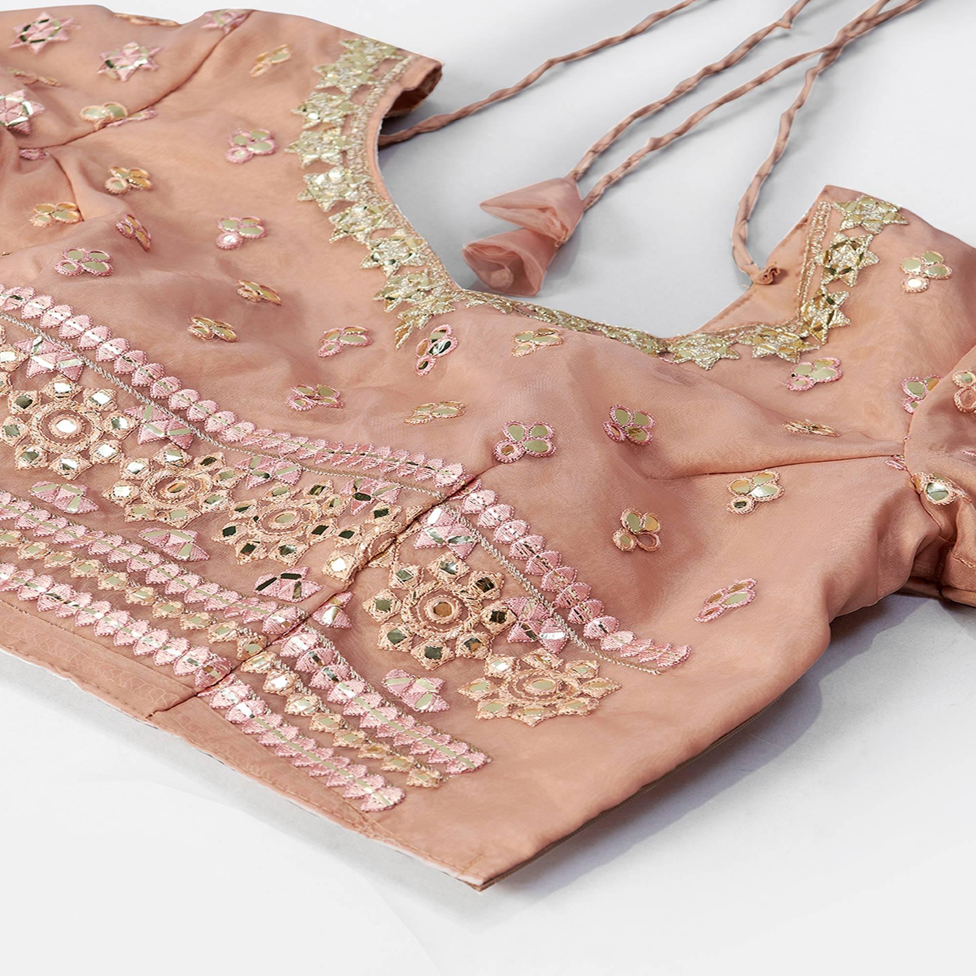 Peach Designer Wedding Wear Foil & Mirror Organza Lehenga Choli - Peachmode