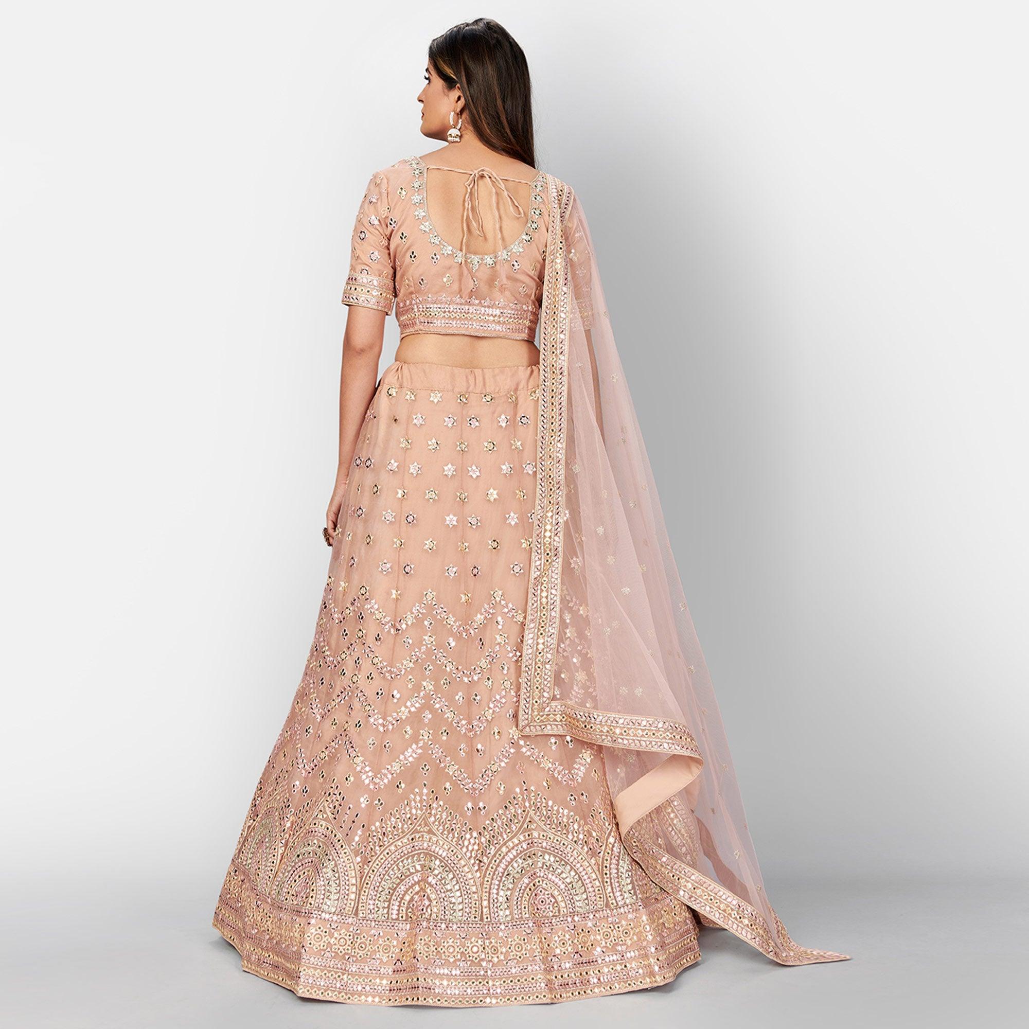 Peach Designer Wedding Wear Foil & Mirror Organza Lehenga Choli - Peachmode
