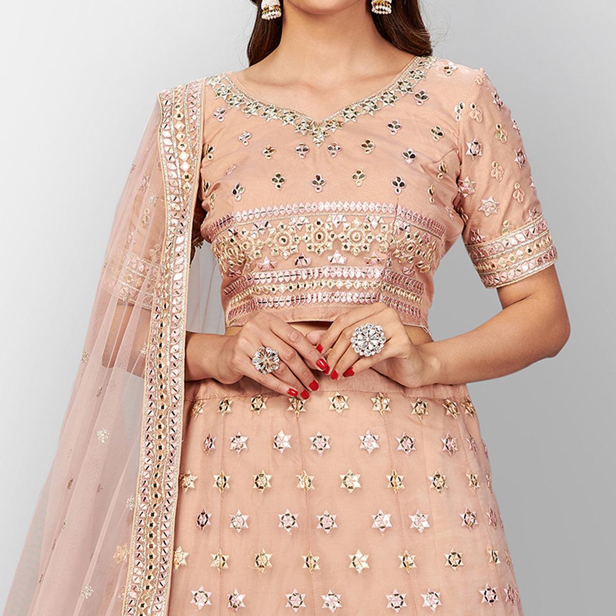 Peach Designer Wedding Wear Foil & Mirror Organza Lehenga Choli - Peachmode