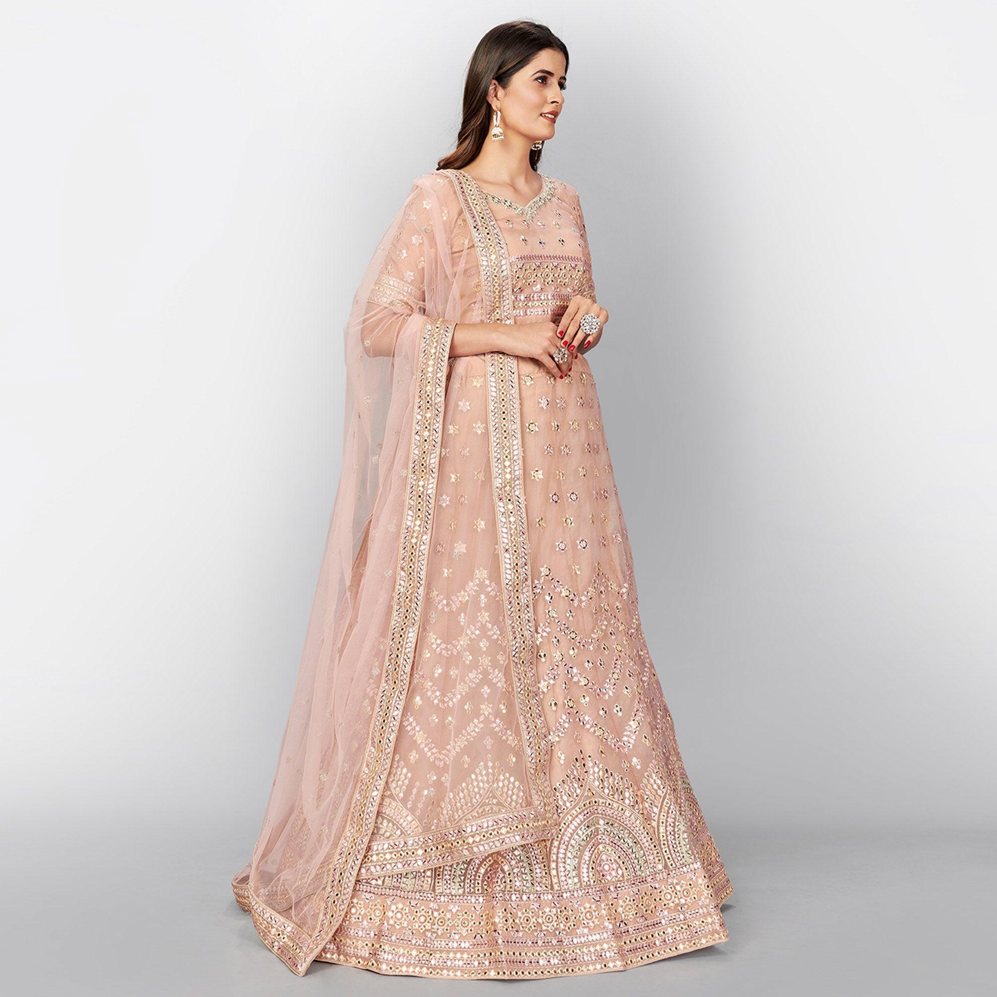 Peach Designer Wedding Wear Foil & Mirror Organza Lehenga Choli - Peachmode