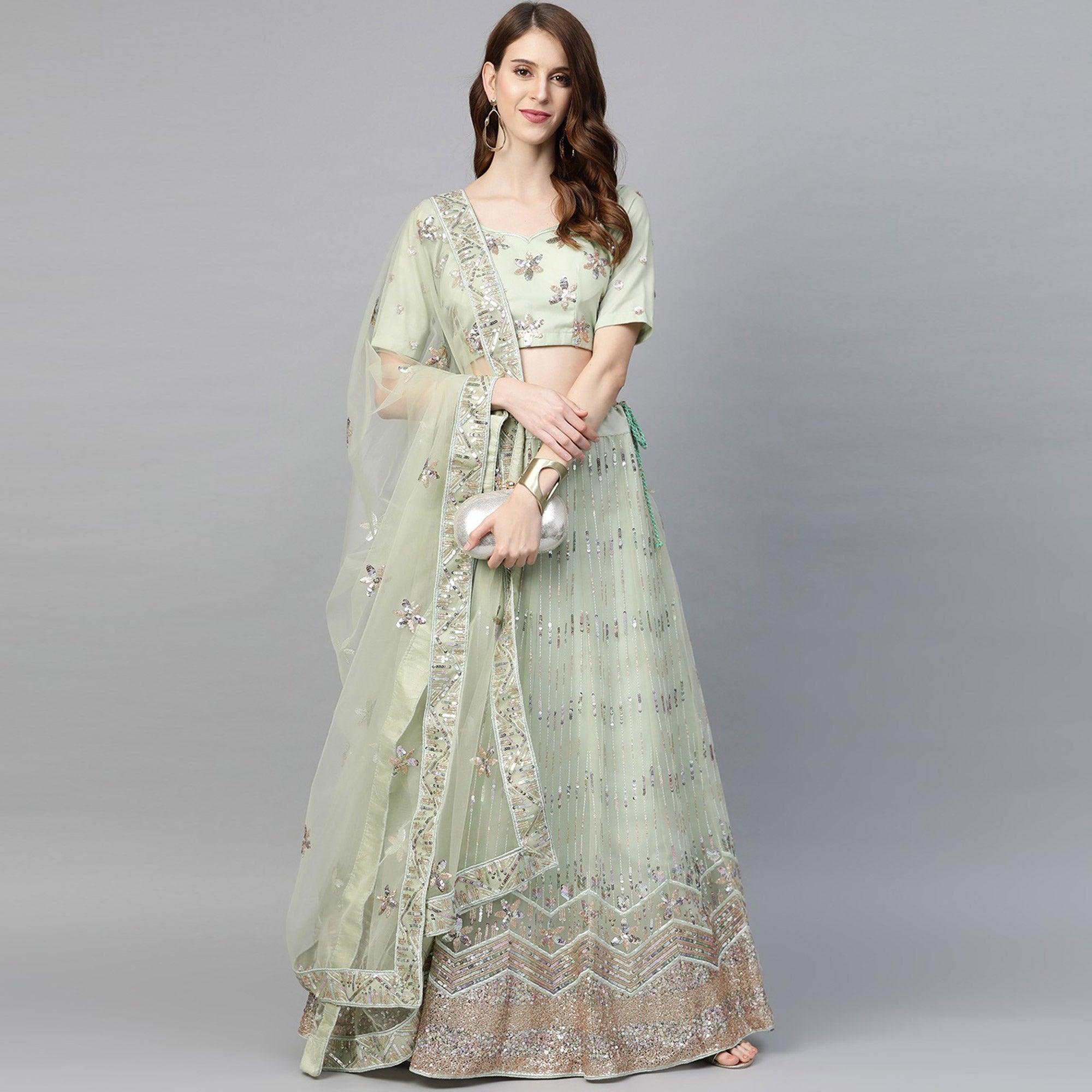 Peach Designer Wedding Wear Thread Zari Work Soft Net Lehenga Choli - Peachmode