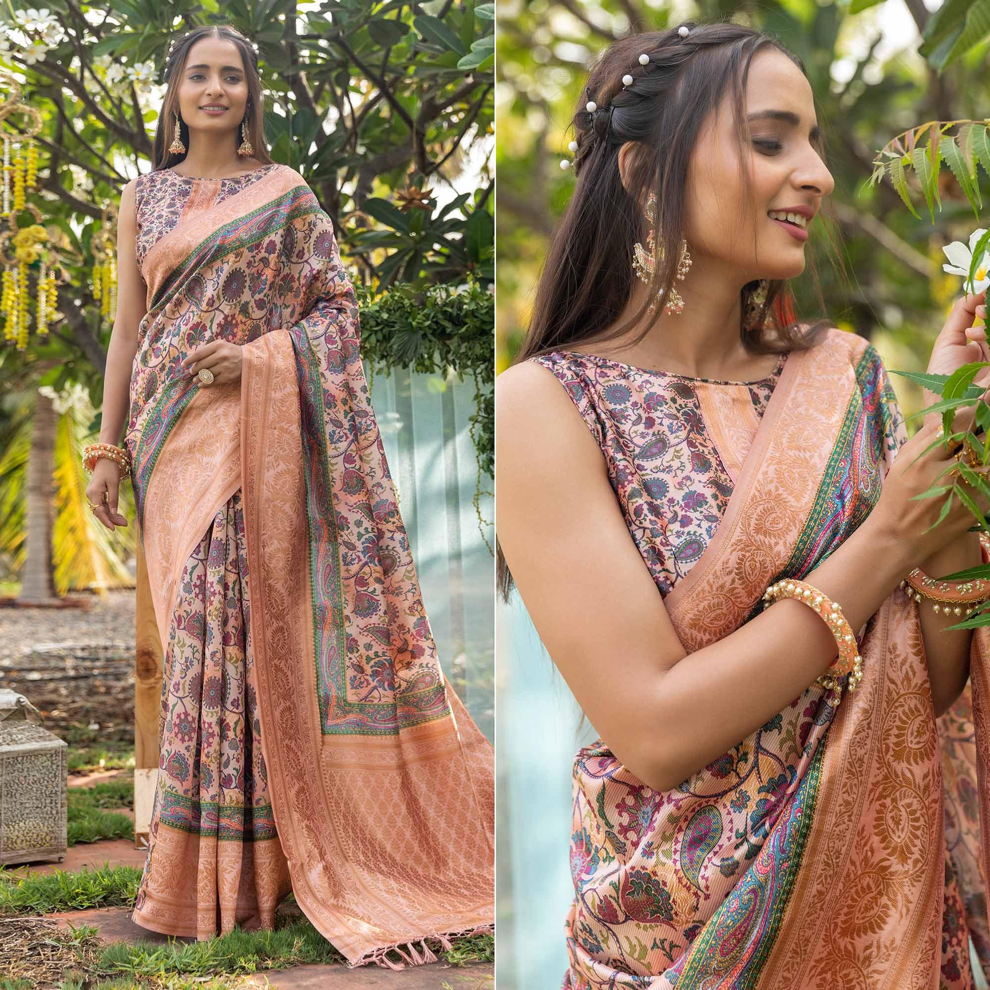 Peach Digital Printed Art Silk Saree - Peachmode