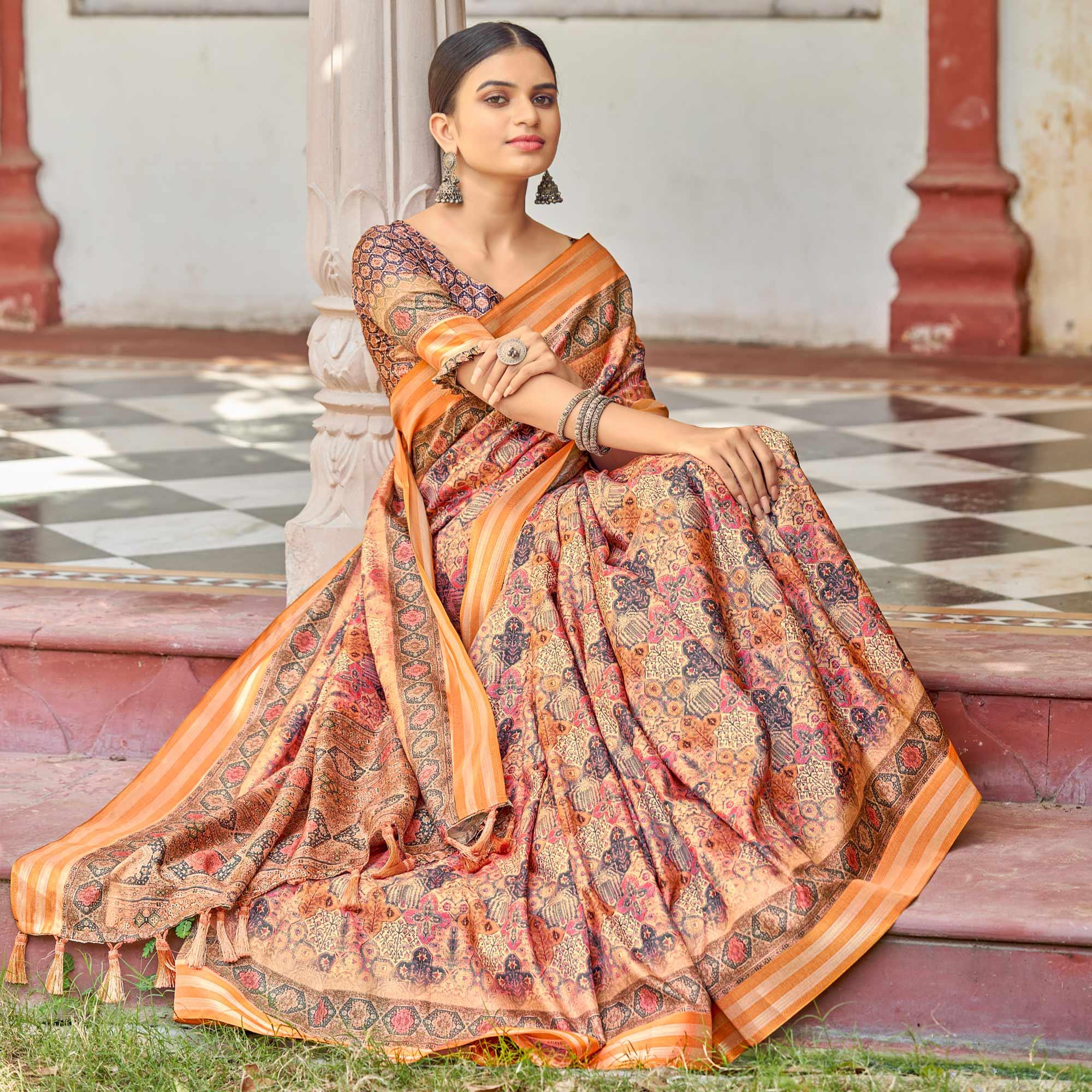 Peach Digital Printed Art Silk Saree - Peachmode