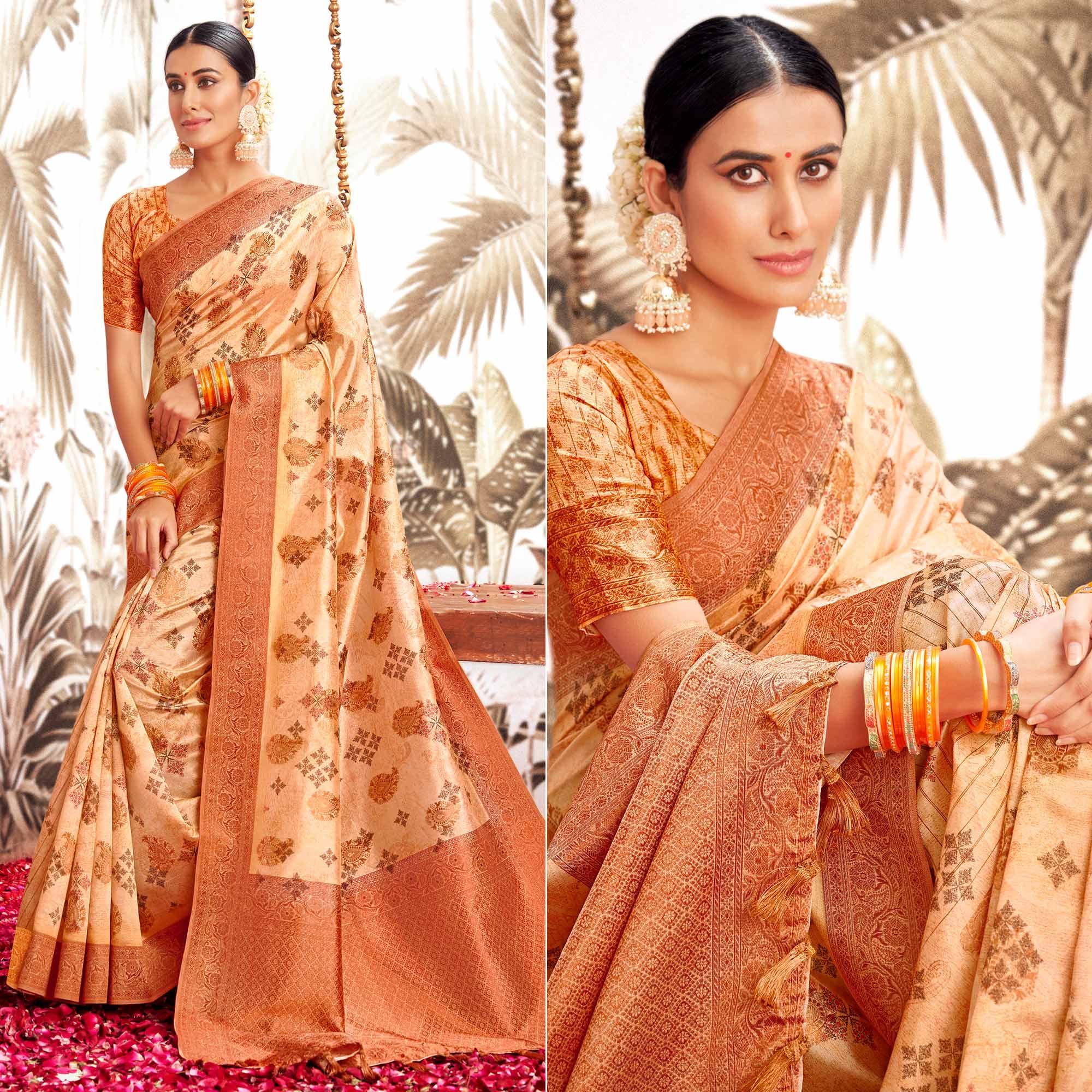 Peach Digital Printed Art Silk Saree With Tassels - Peachmode