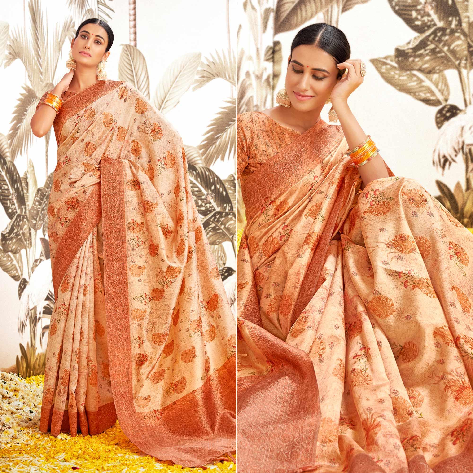 Peach Digital Printed Art Silk Saree With Tassels - Peachmode