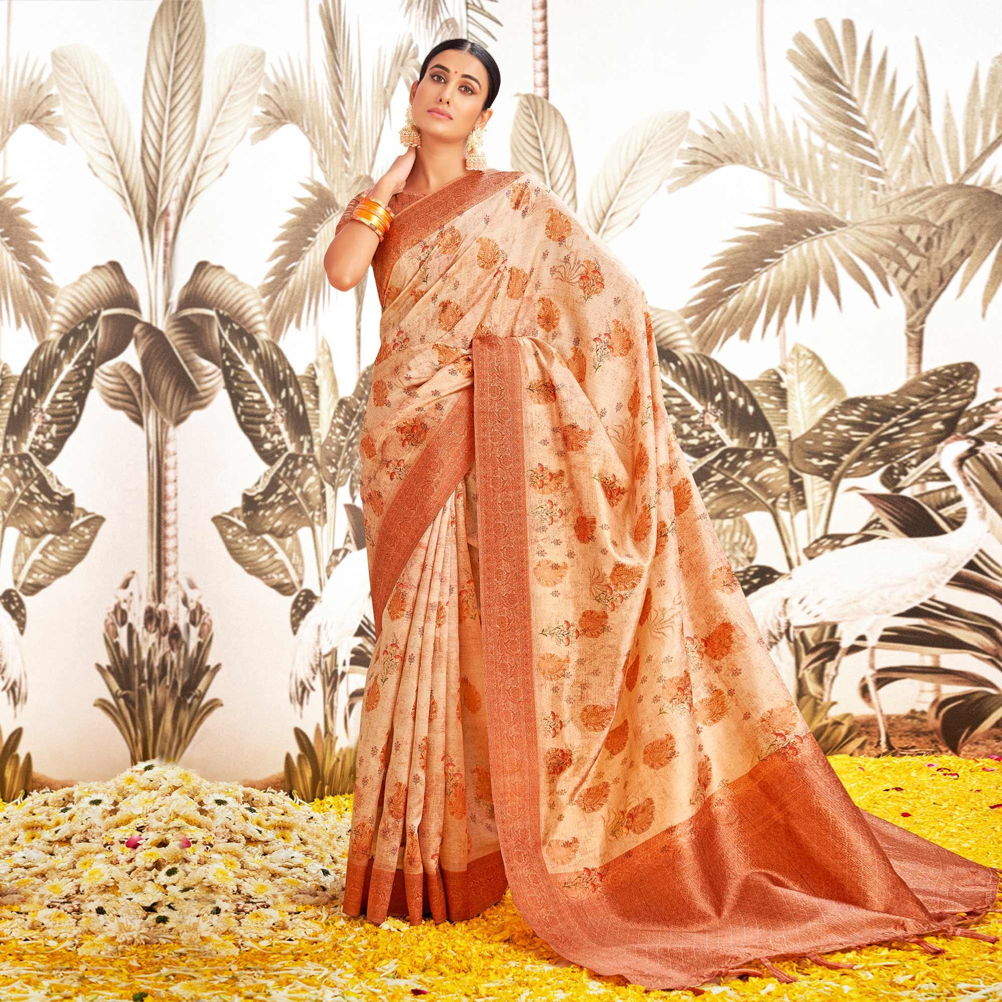 Peach Digital Printed Art Silk Saree With Tassels - Peachmode