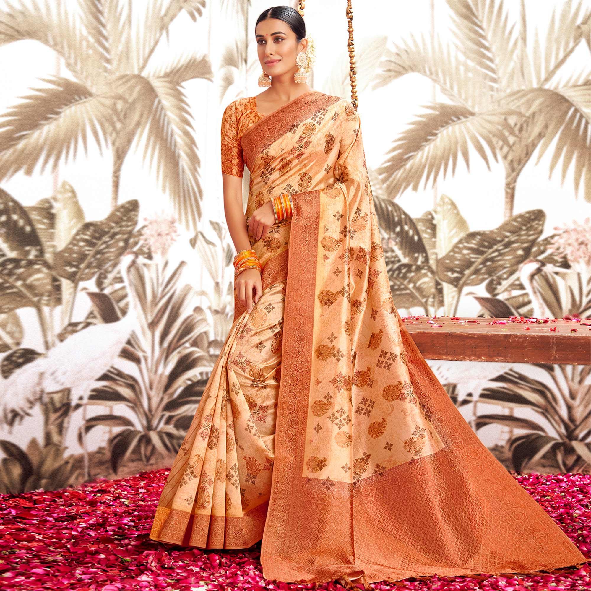 Peach Digital Printed Art Silk Saree With Tassels - Peachmode