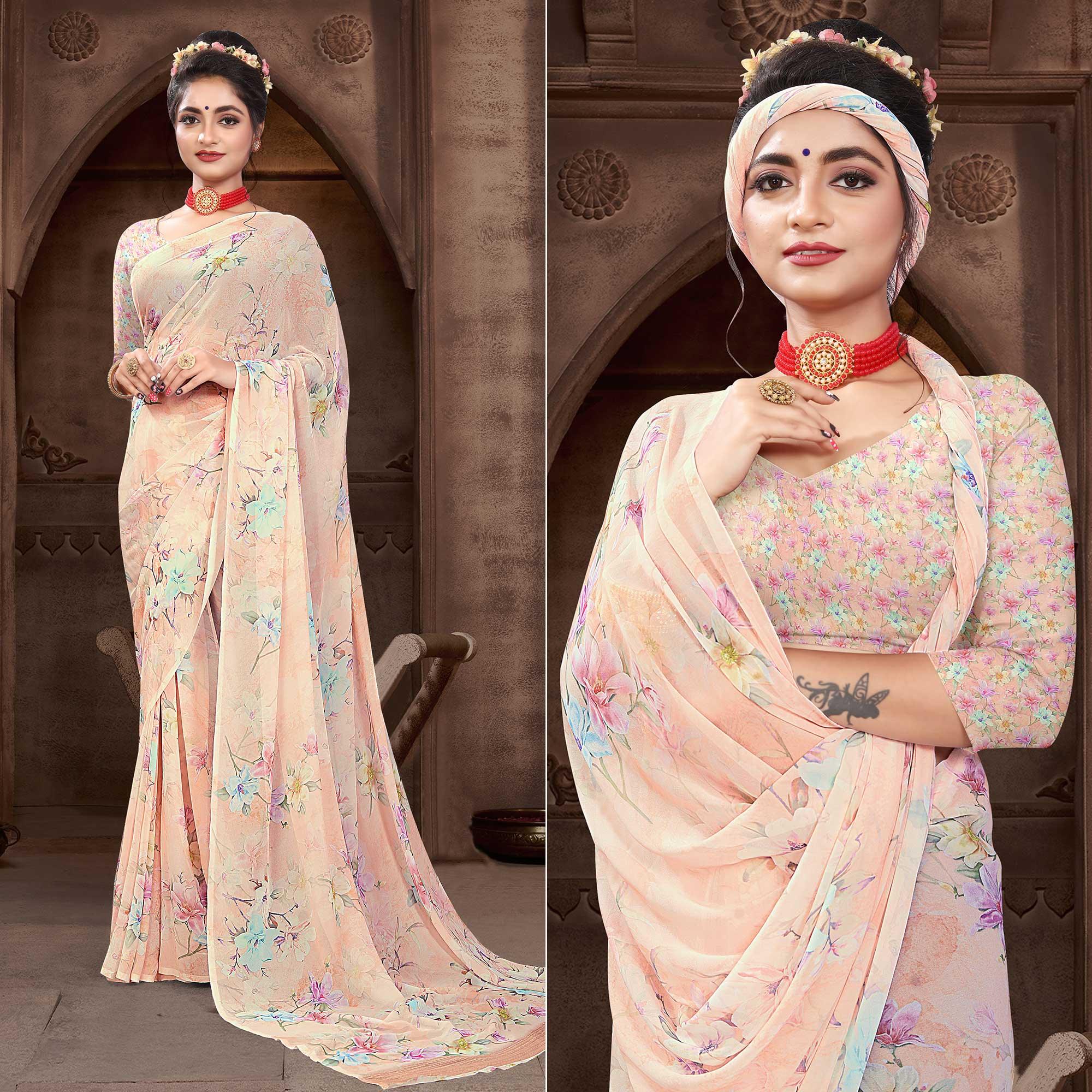 Peach Digital Printed Georgette Saree - Peachmode