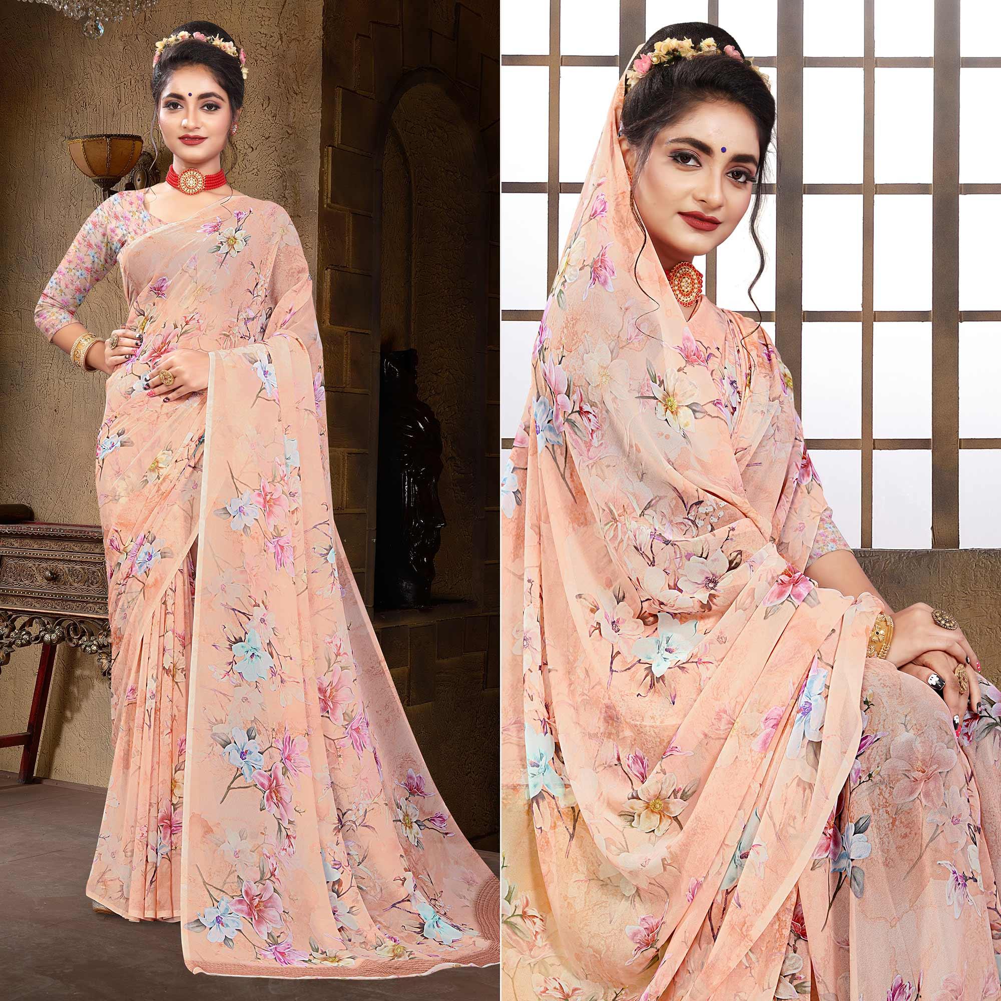 Peach Digital Printed Georgette Saree - Peachmode