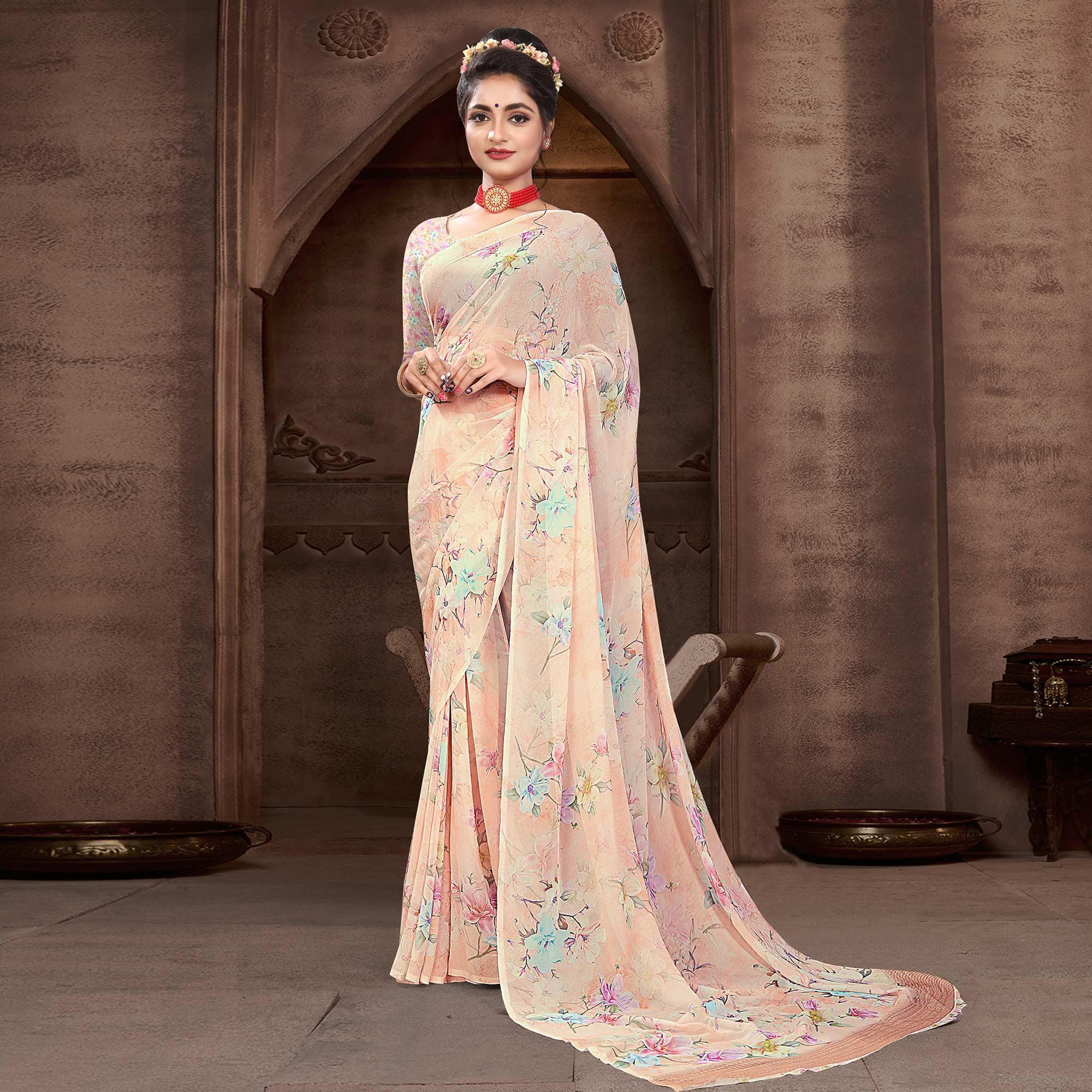 Peach Digital Printed Georgette Saree - Peachmode