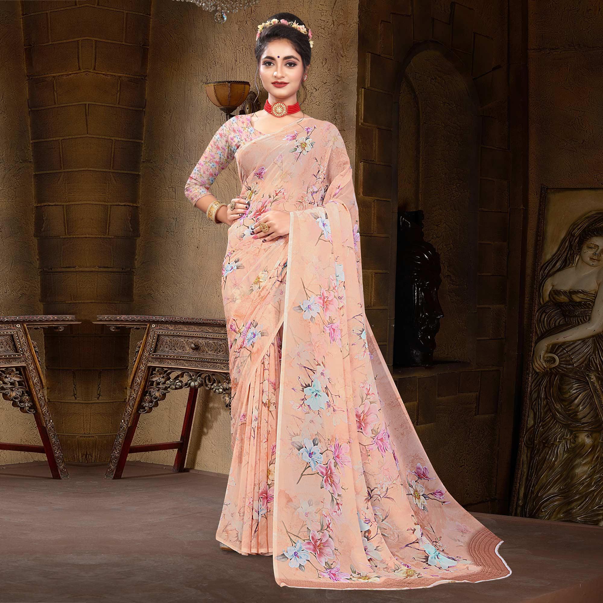 Peach Digital Printed Georgette Saree - Peachmode