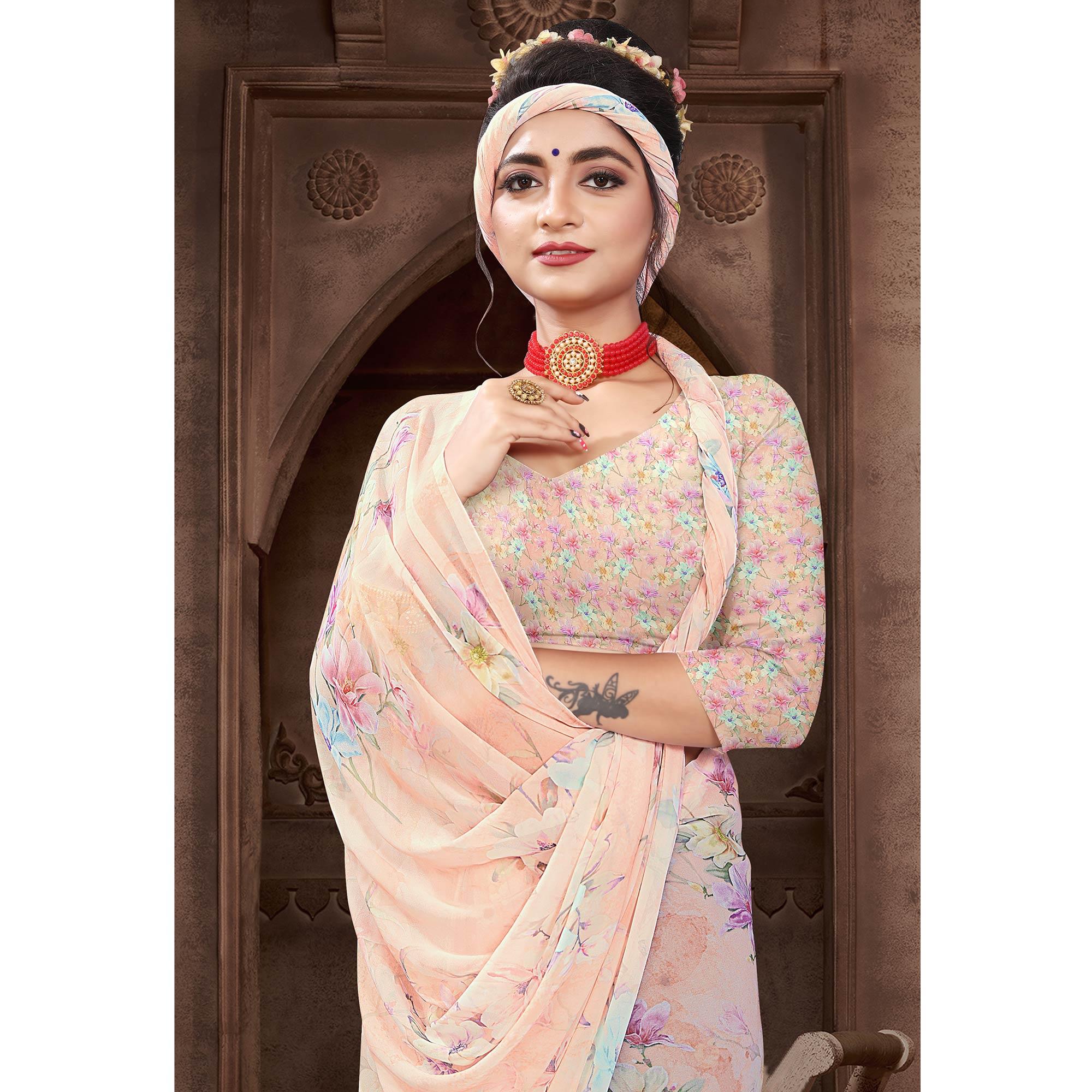 Peach Digital Printed Georgette Saree - Peachmode