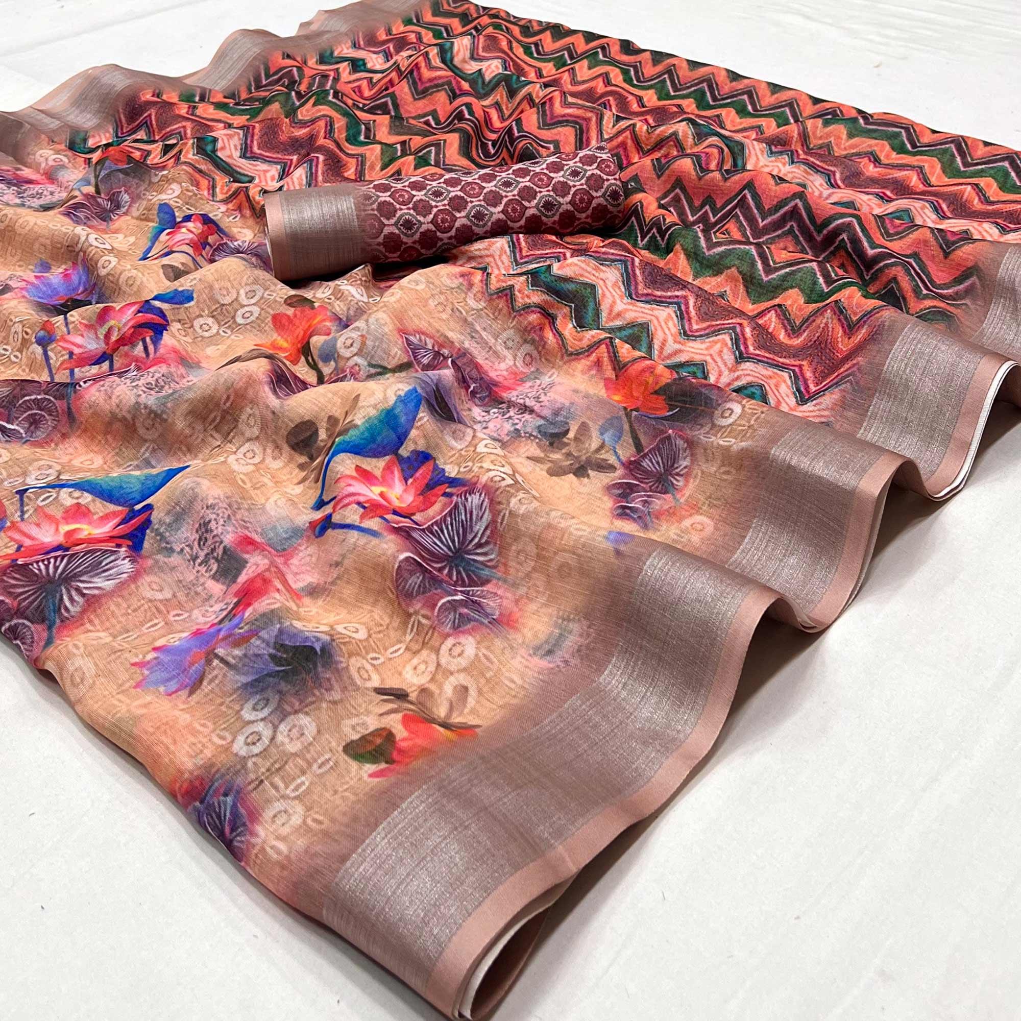 Peach Digital Printed Linen Saree - Peachmode