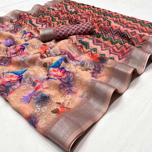 Peach Digital Printed Linen Saree - Peachmode