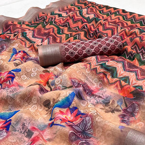 Peach Digital Printed Linen Saree - Peachmode