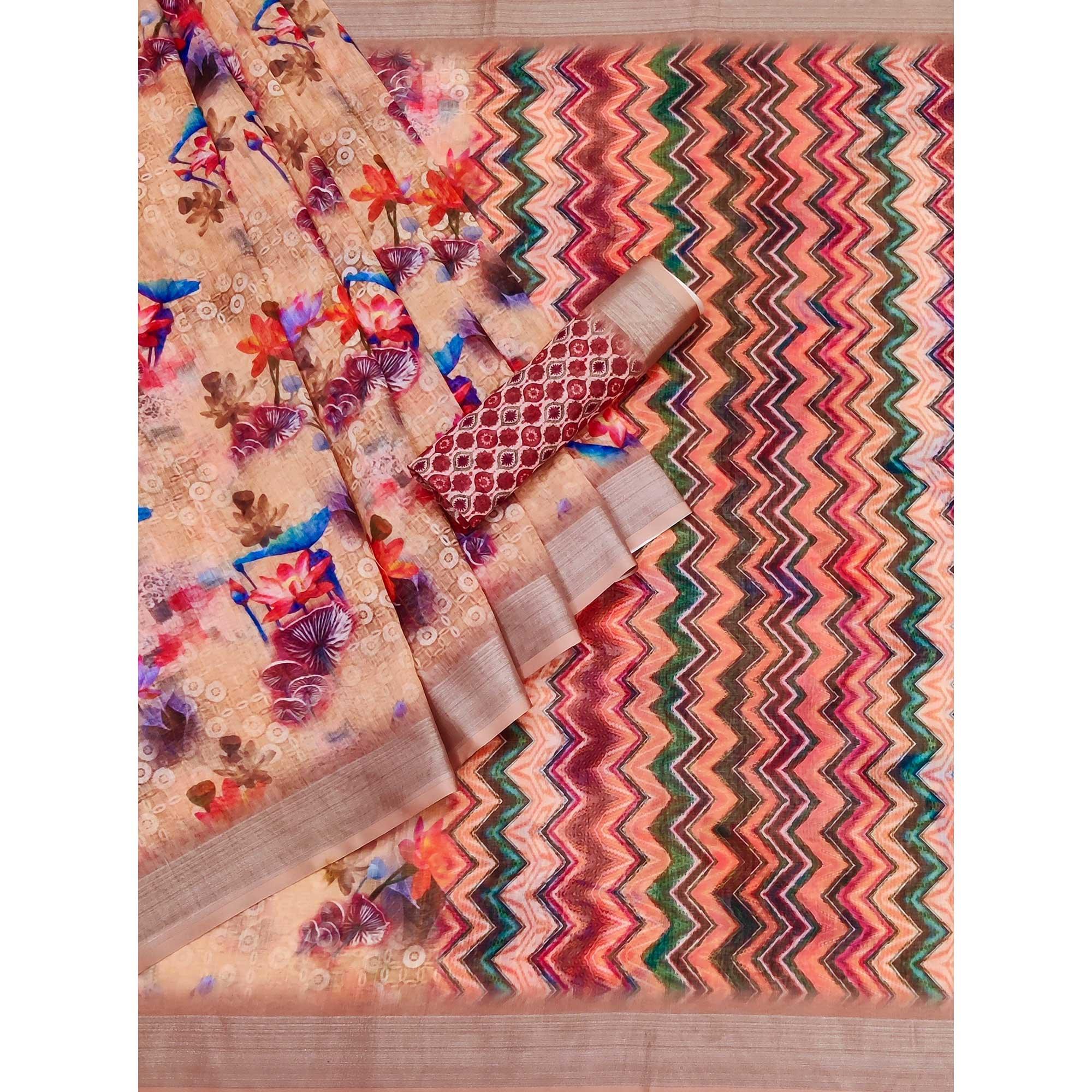 Peach Digital Printed Linen Saree - Peachmode