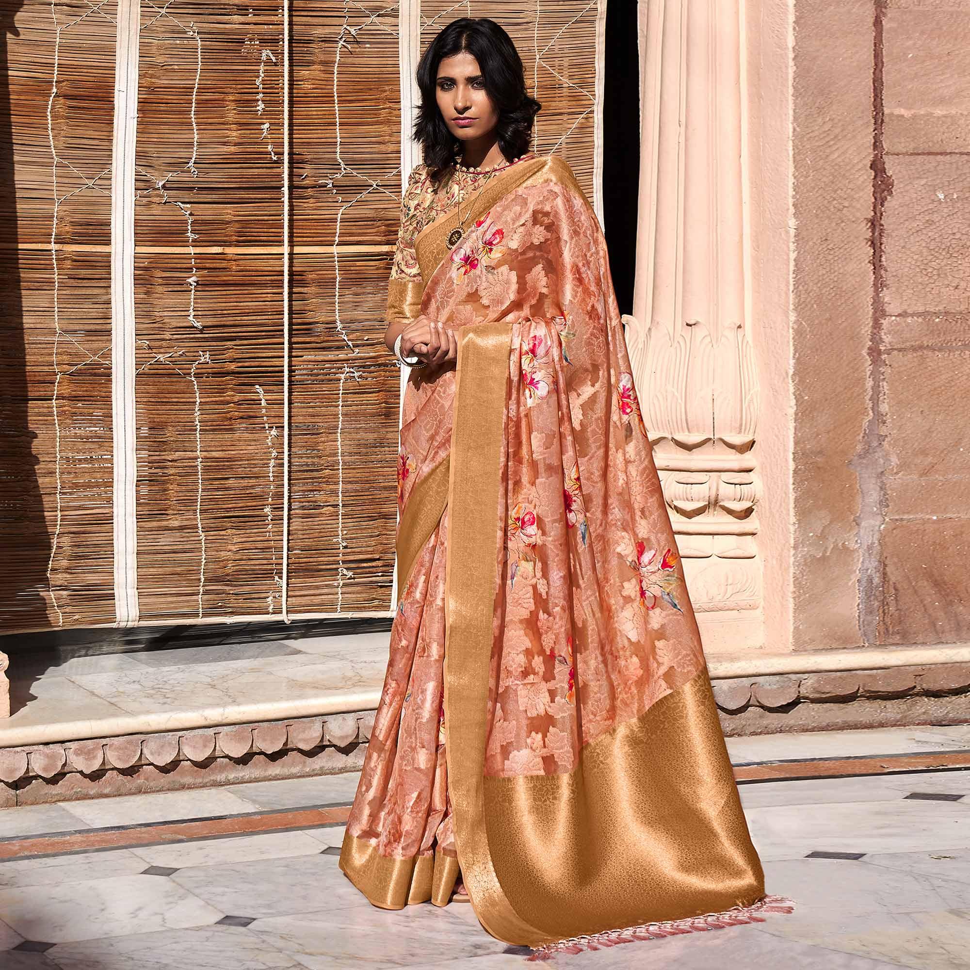 Peach Digital Printed Poly Cotton Saree - Peachmode