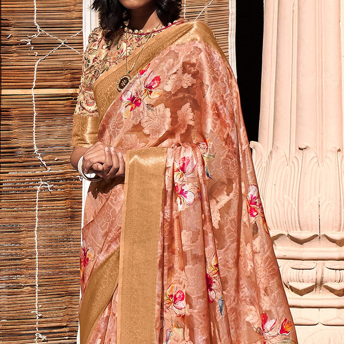 Peach Digital Printed Poly Cotton Saree - Peachmode