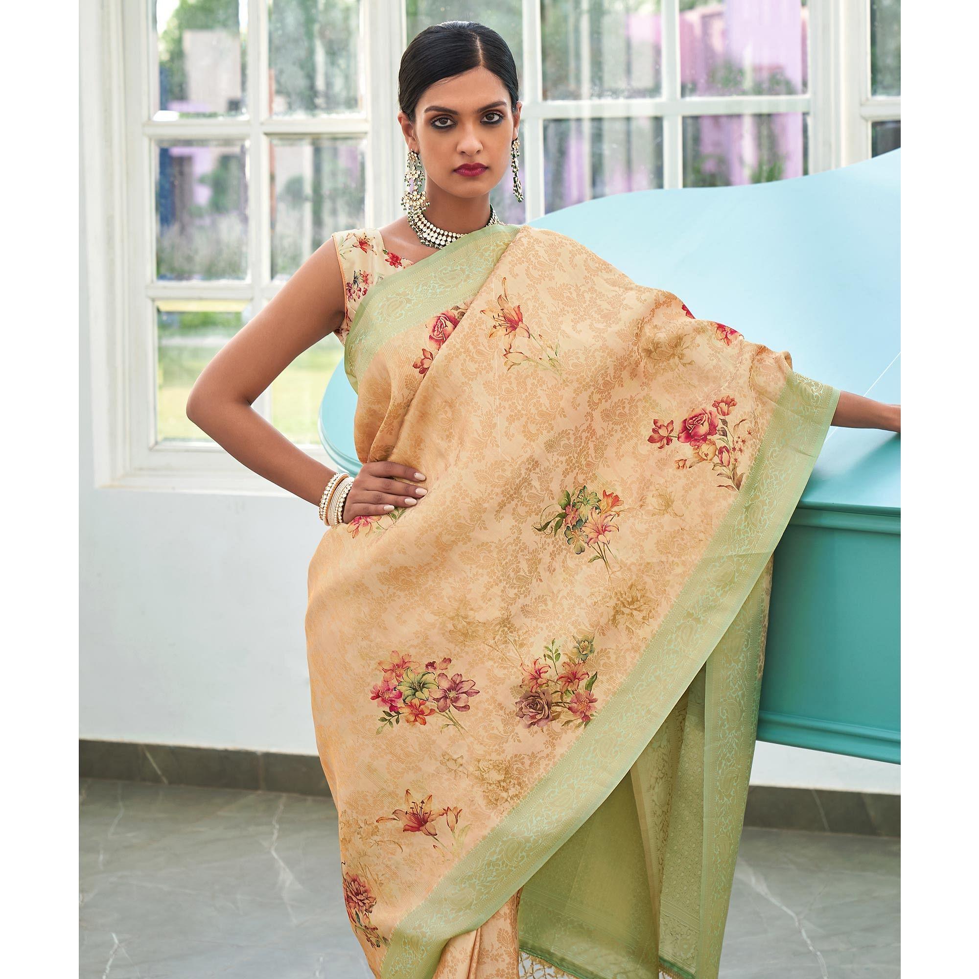 Peach Digital Printed Pure Silk Saree With Tassels - Peachmode