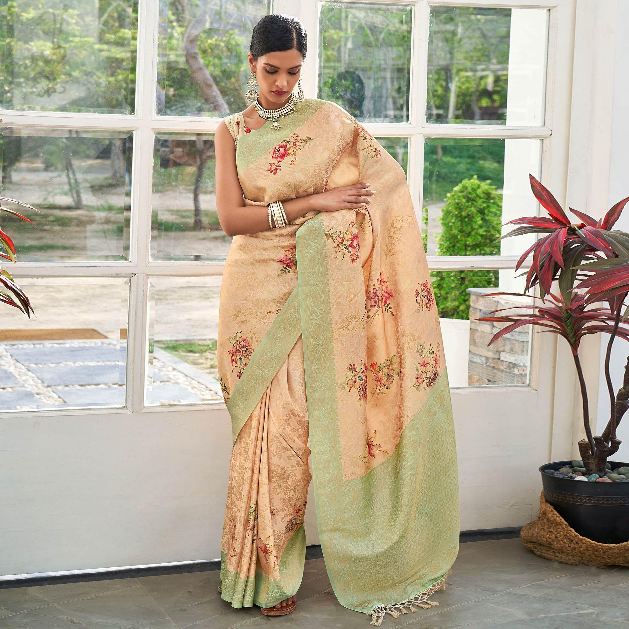 Peach Digital Printed Pure Silk Saree With Tassels - Peachmode