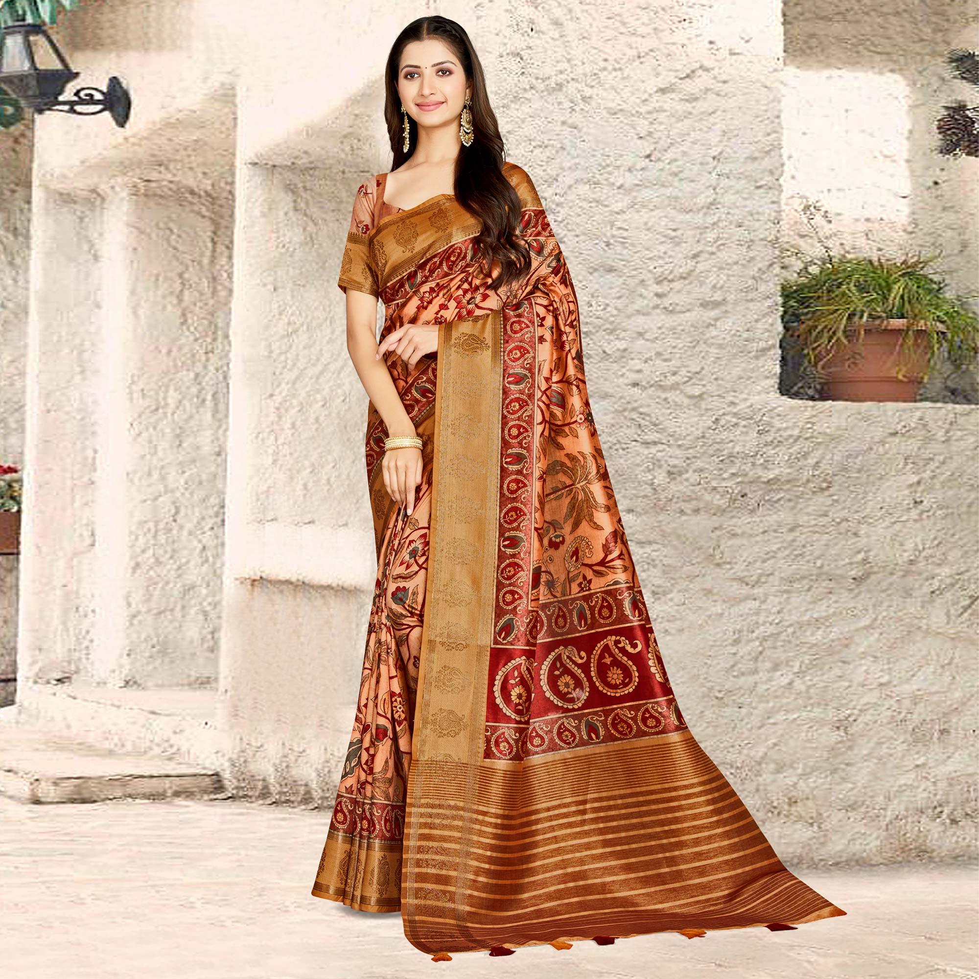 Peach Digital Printed Tussar Silk Saree With Tassels - Peachmode