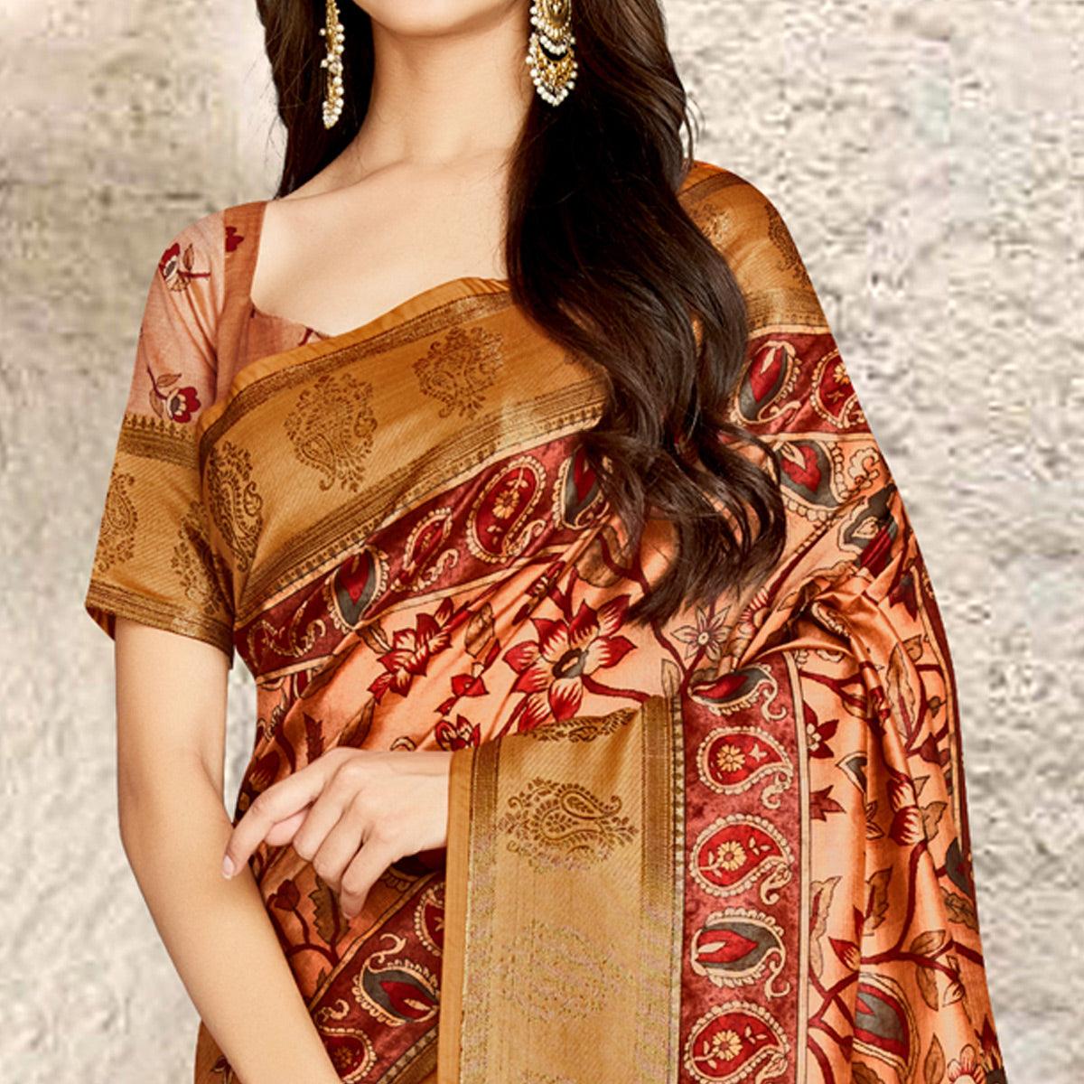 Peach Digital Printed Tussar Silk Saree With Tassels - Peachmode