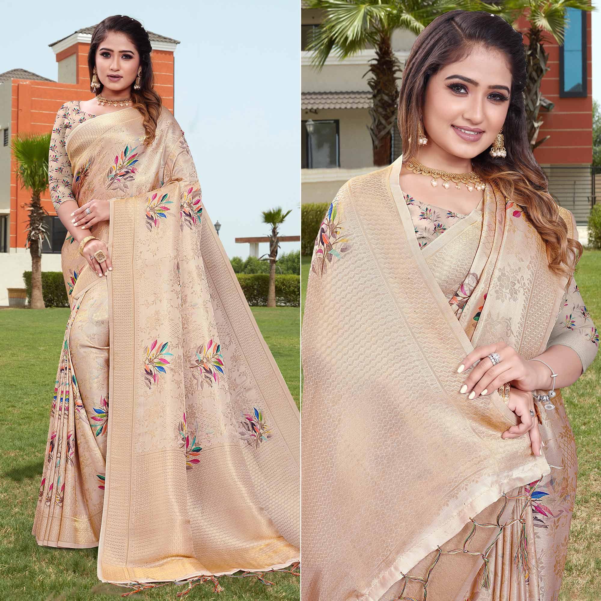 Peach Digital Printed With Woven Art Silk Saree With Tassels - Peachmode