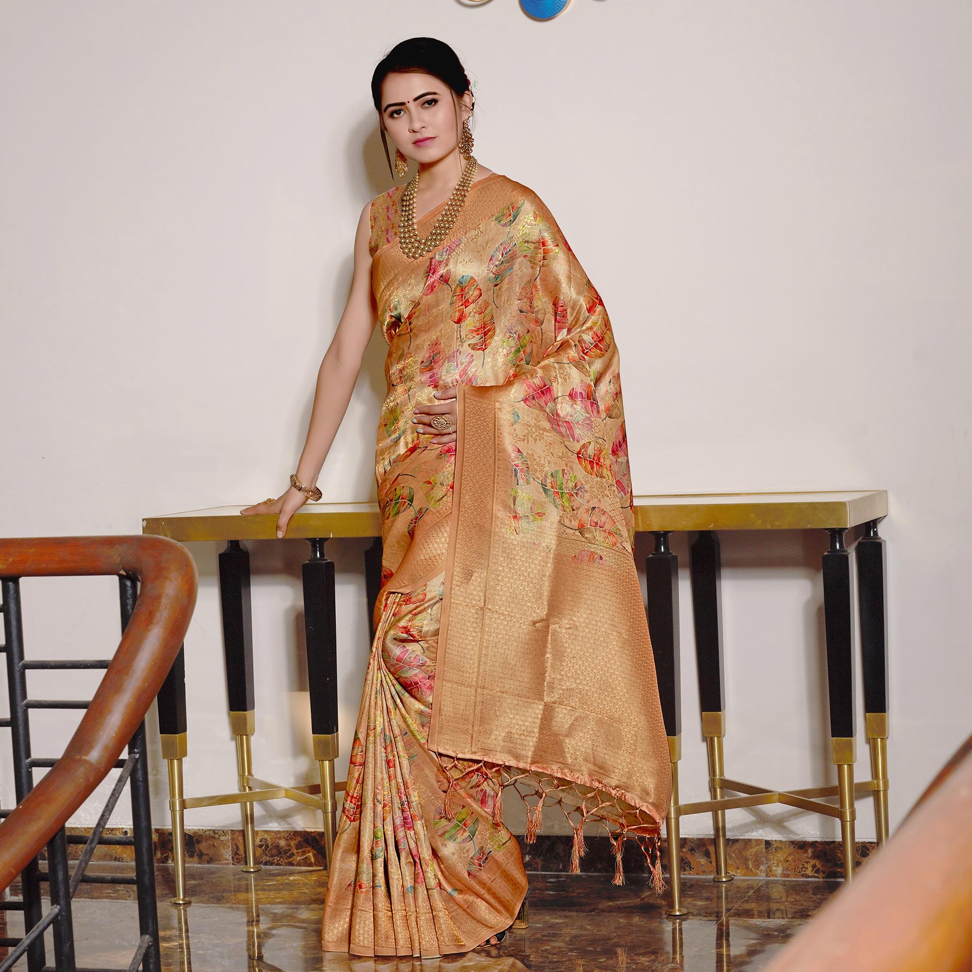 Peach Digital Printed With Woven Art Silk Saree With Tassels - Peachmode