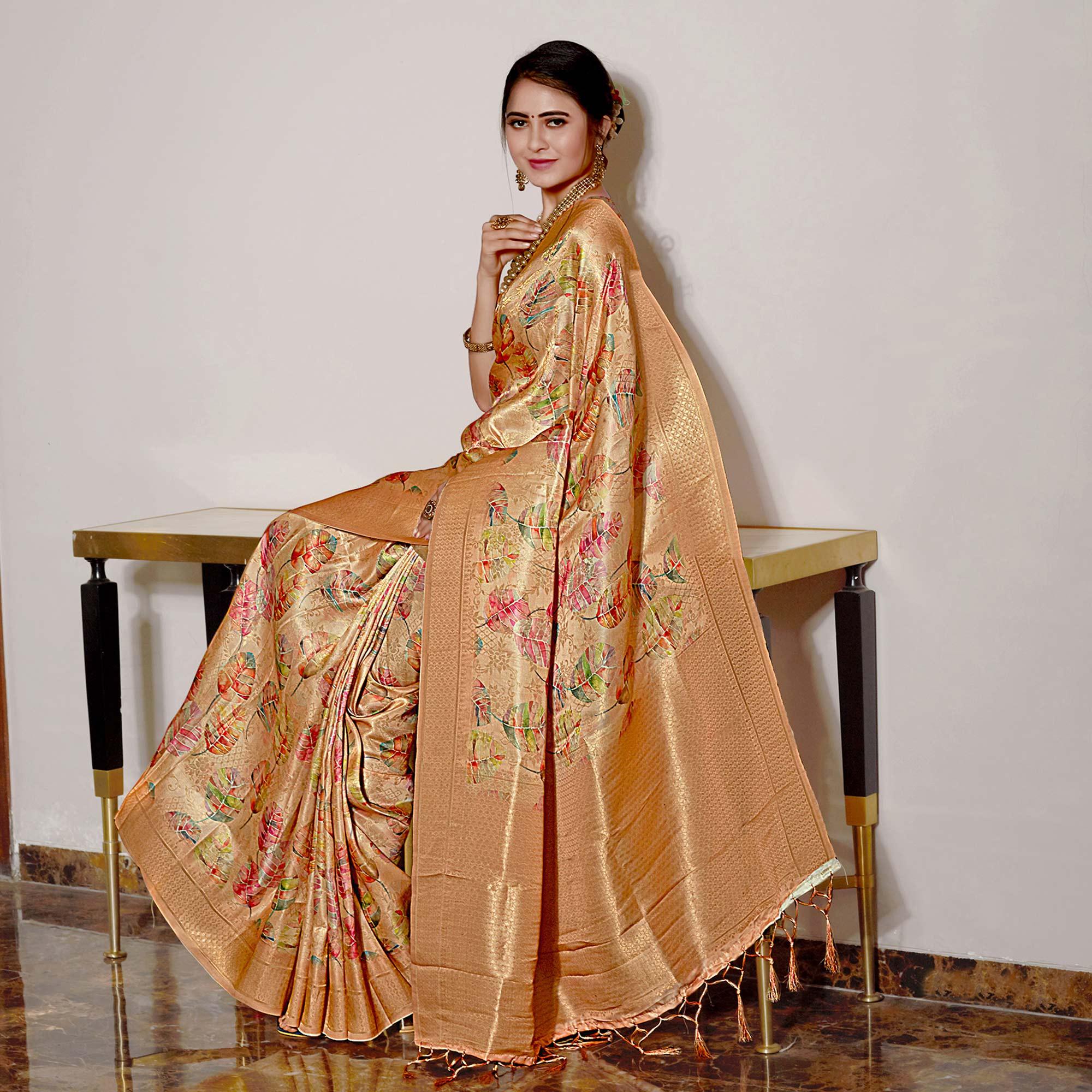 Peach Digital Printed With Woven Art Silk Saree With Tassels - Peachmode