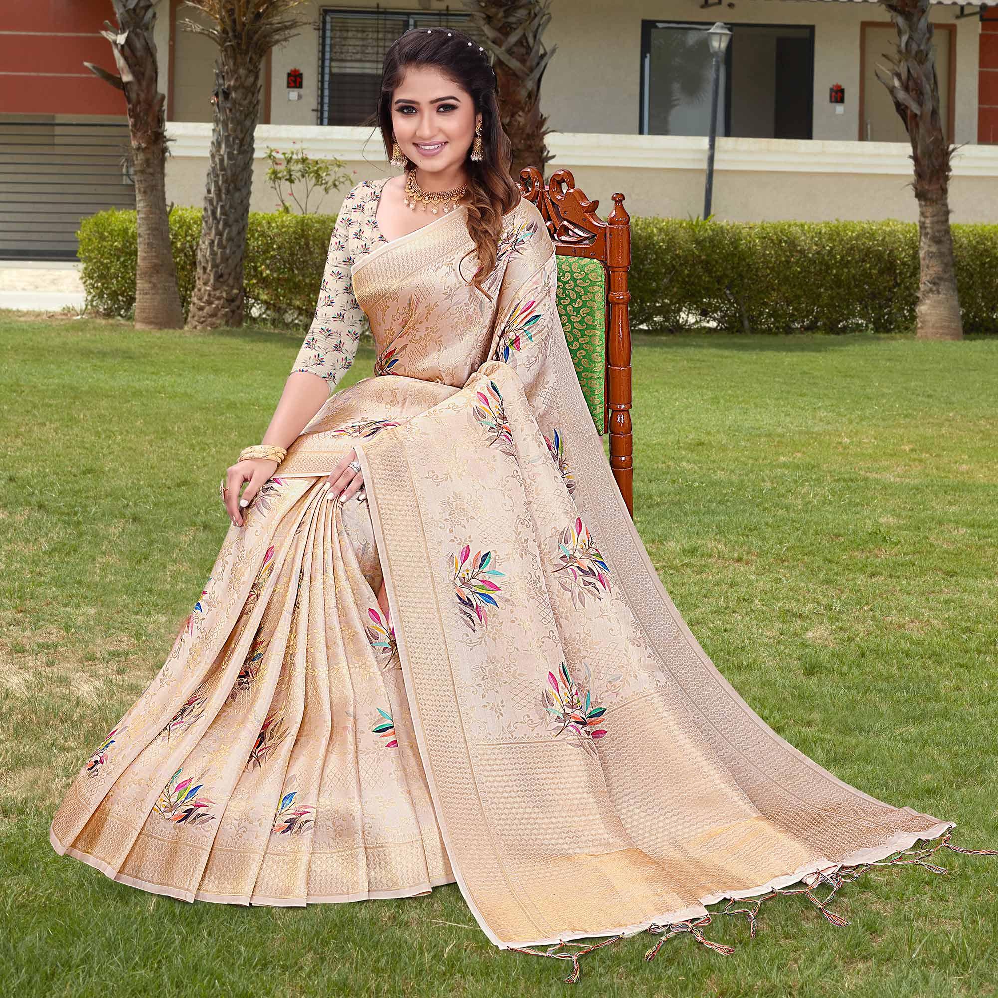 Peach Digital Printed With Woven Art Silk Saree With Tassels - Peachmode