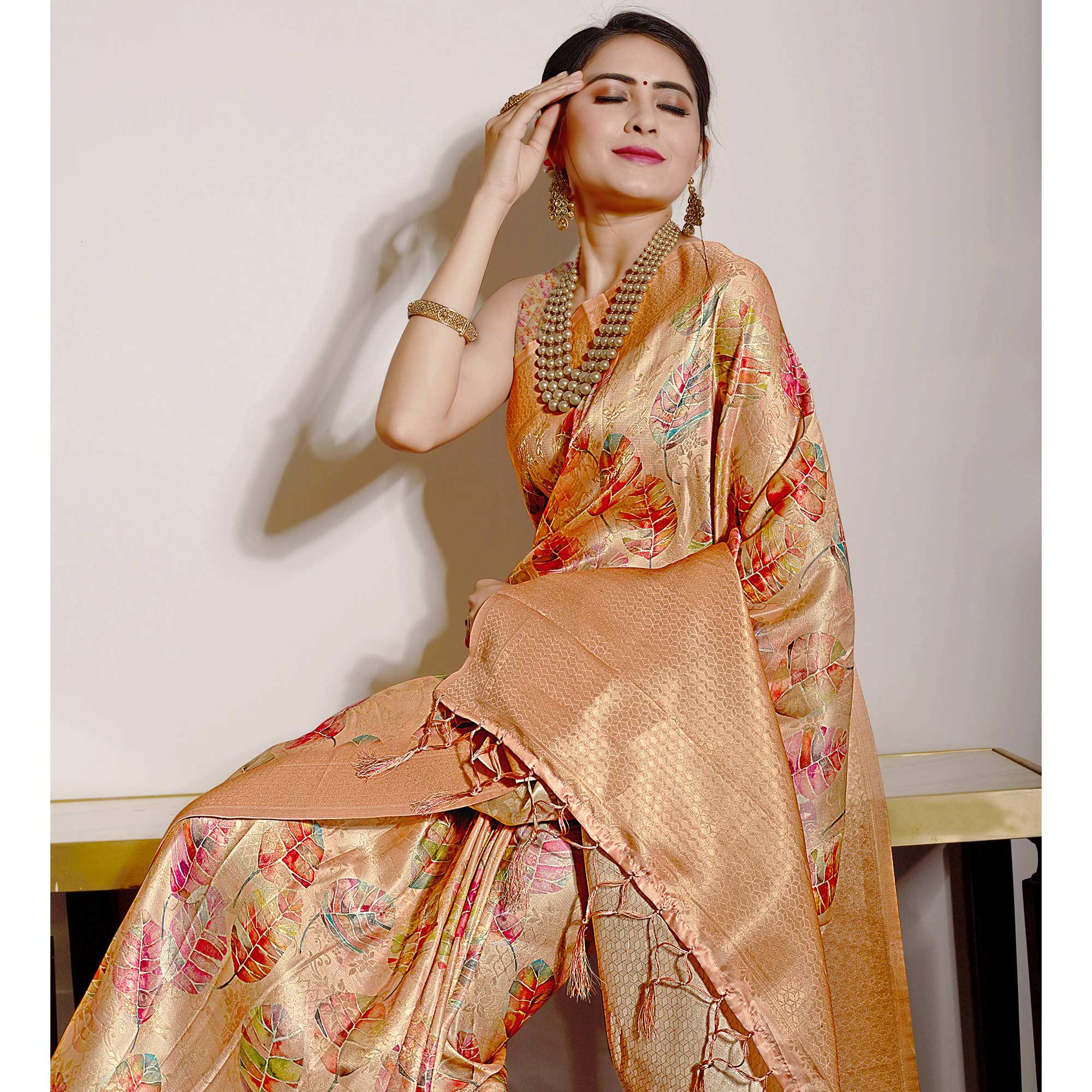 Peach Digital Printed With Woven Art Silk Saree With Tassels - Peachmode