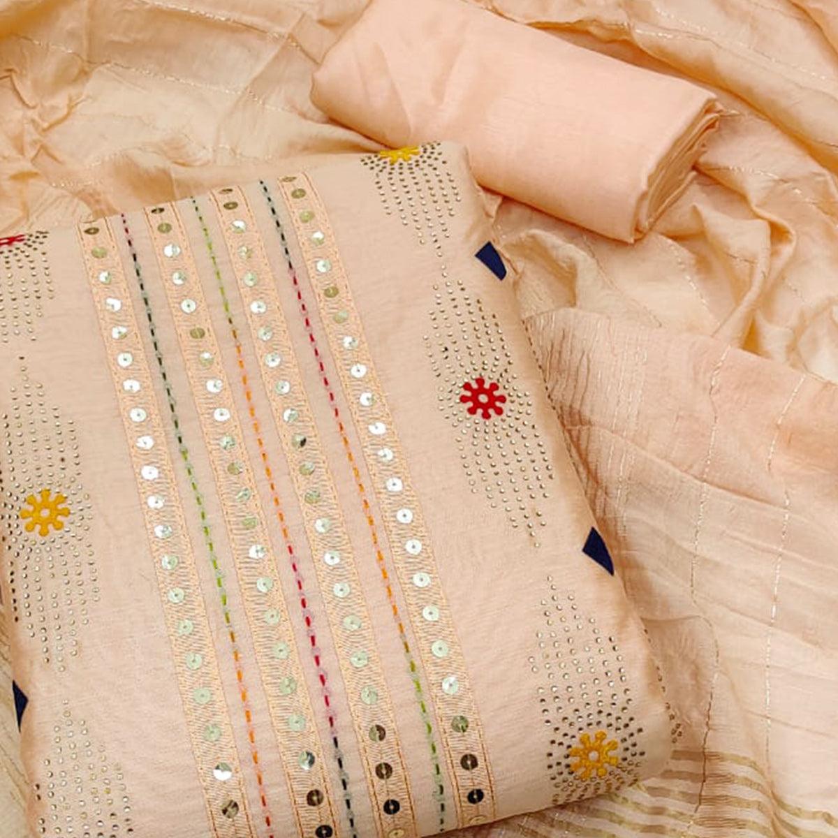 Peach Embellished Chanderi Dress Material - Peachmode