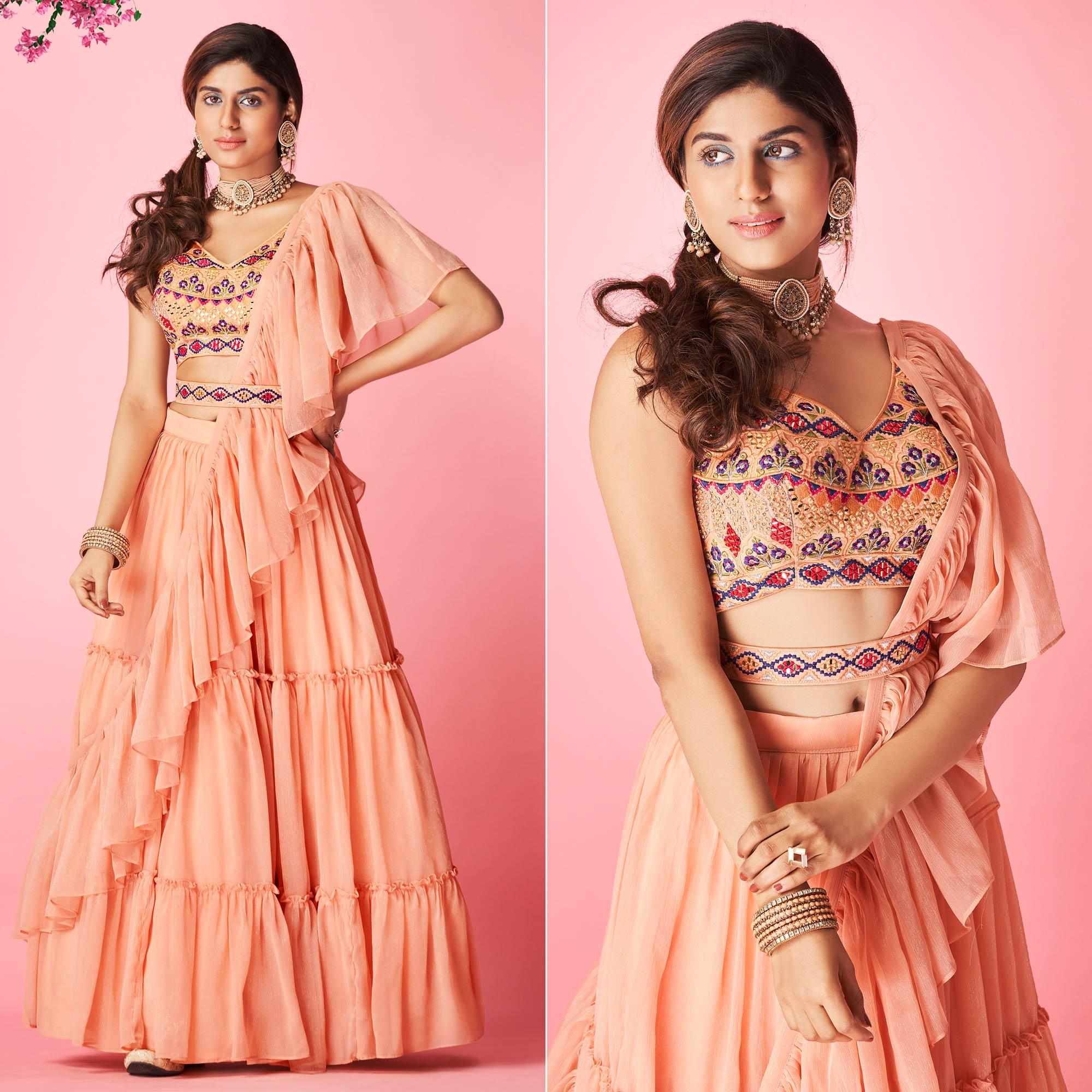Peach Embellished With Embroidered Chiffon Lehenga Choli - Peachmode