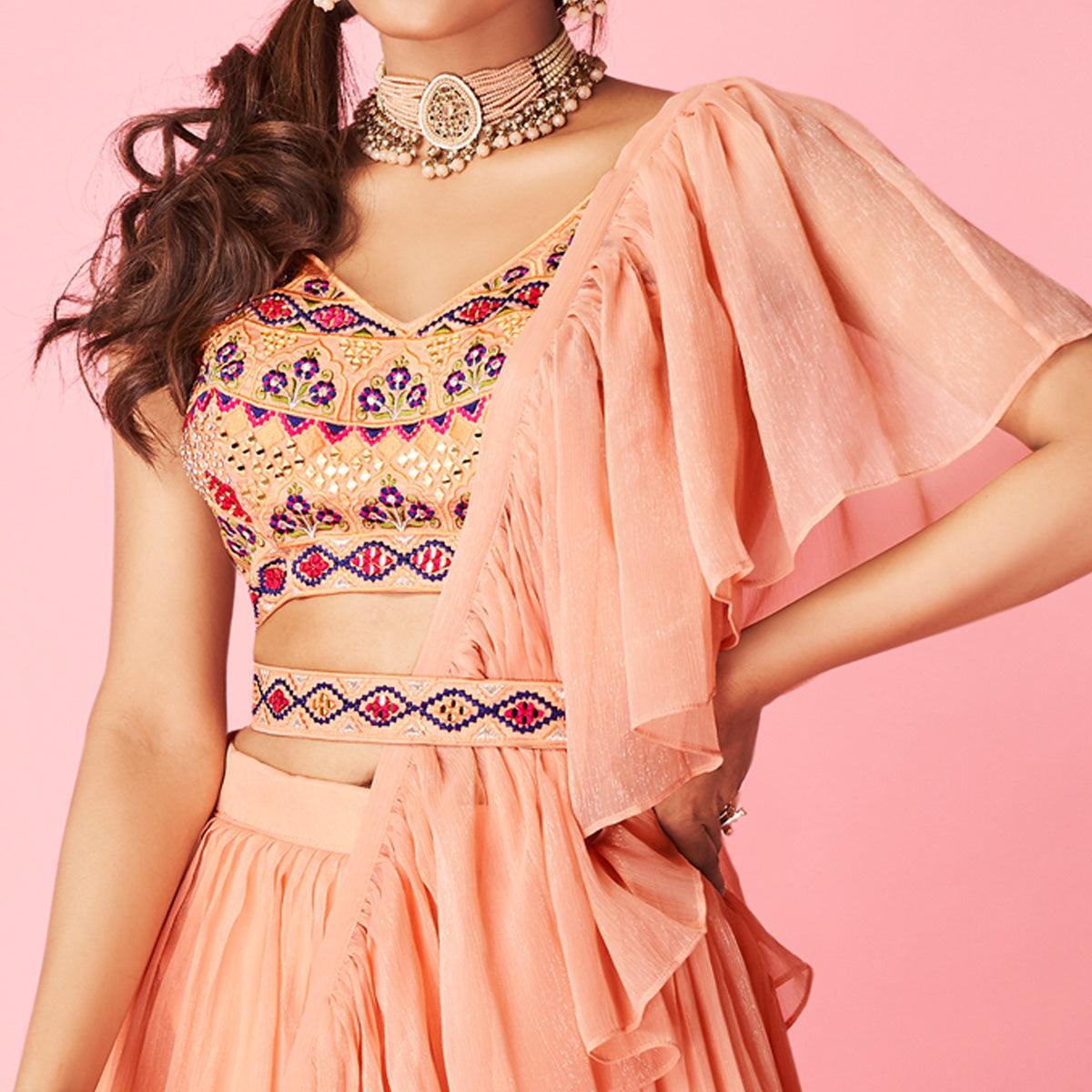 Peach Embellished With Embroidered Chiffon Lehenga Choli - Peachmode
