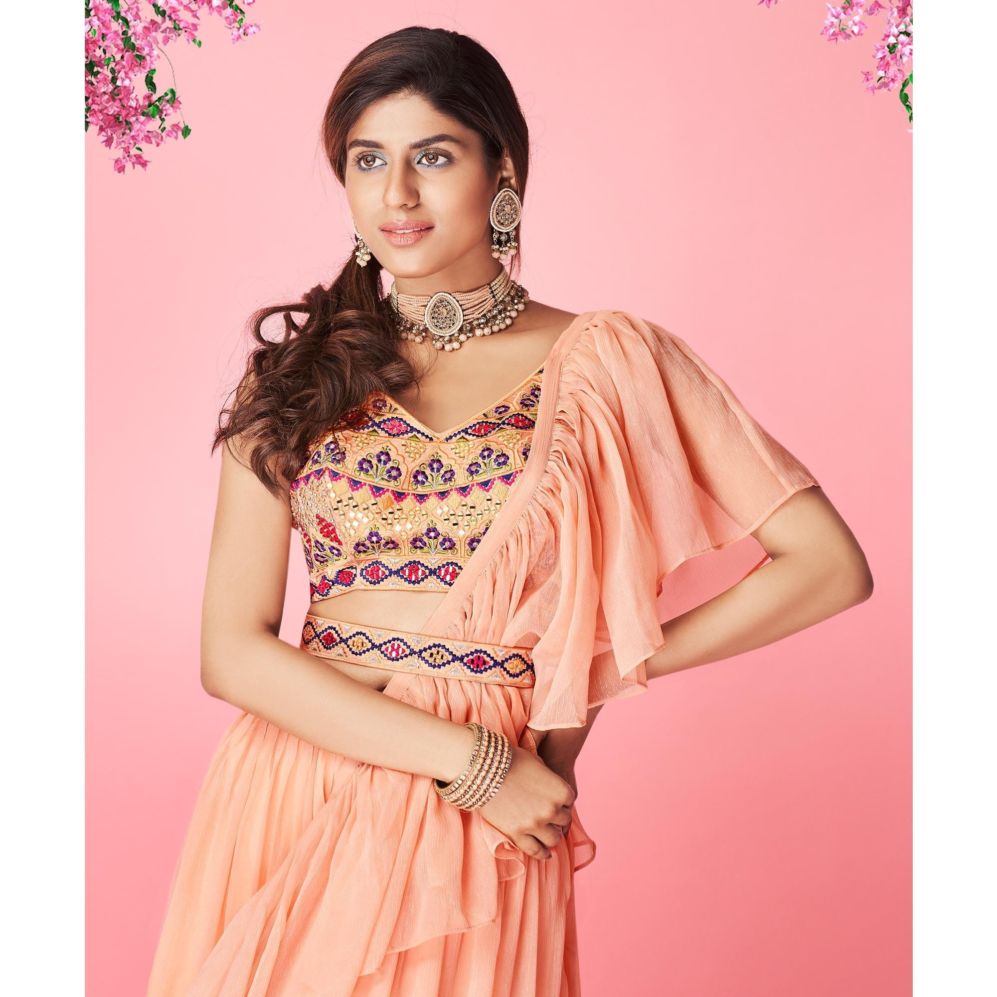Peach Embellished With Embroidered Chiffon Lehenga Choli - Peachmode