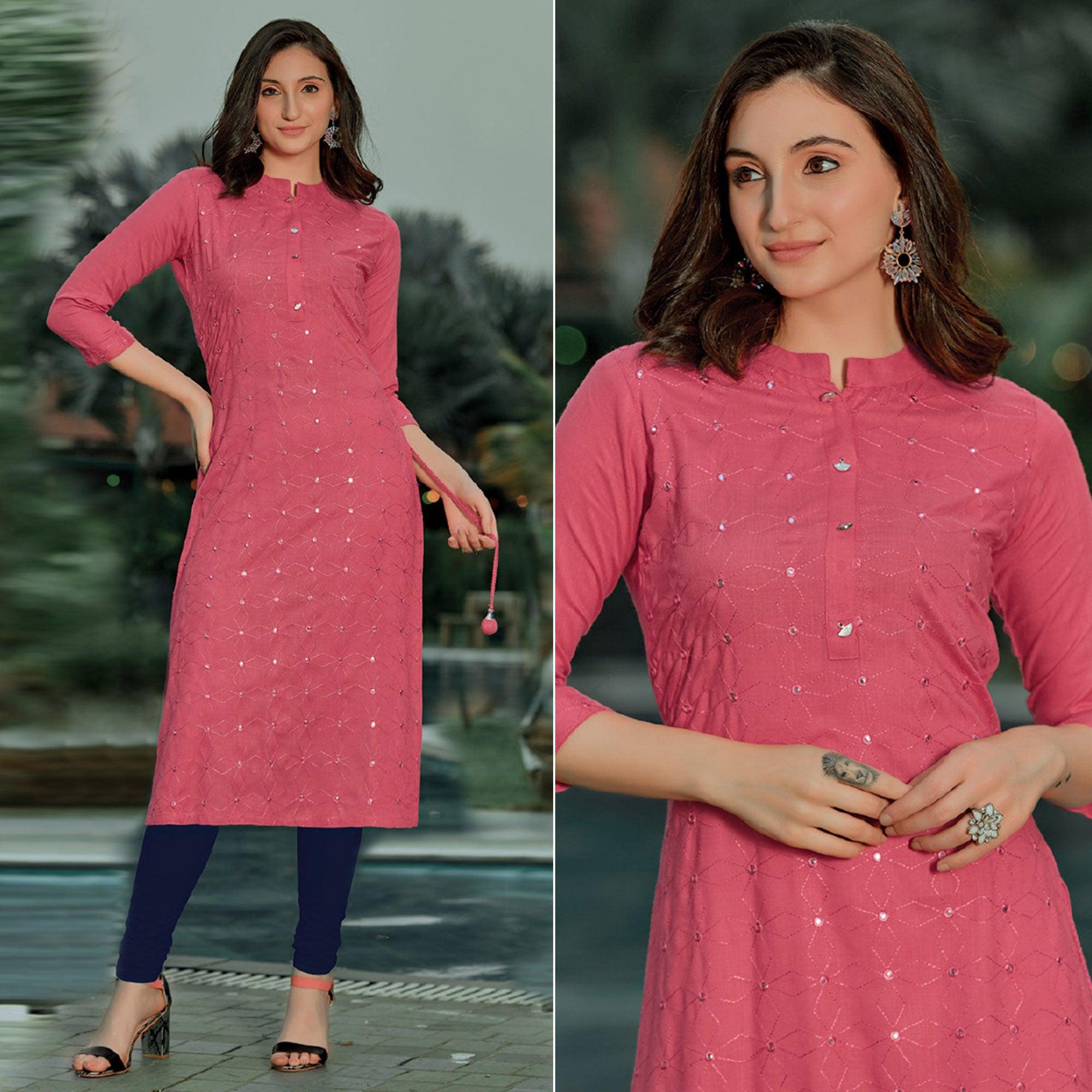 Peach Embellished With Embroidered Cotton Kurti - Peachmode