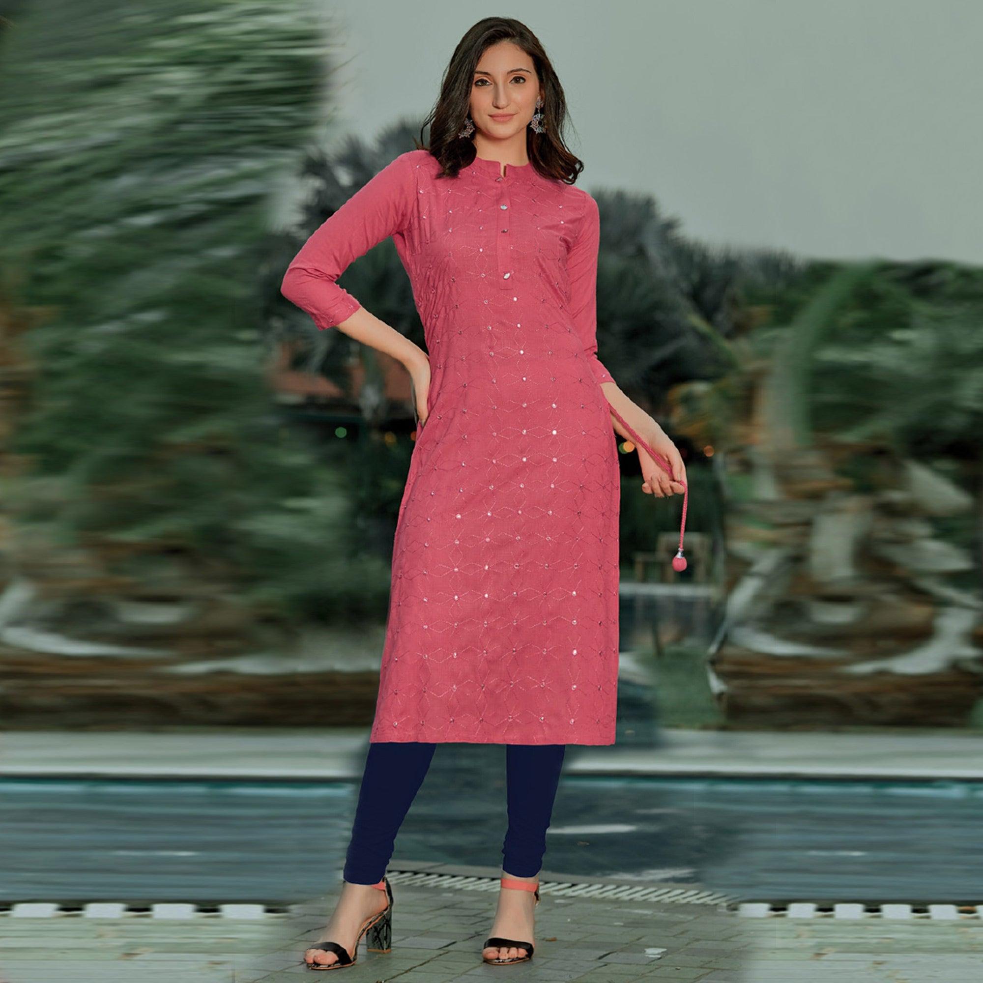 Peach Embellished With Embroidered Cotton Kurti - Peachmode