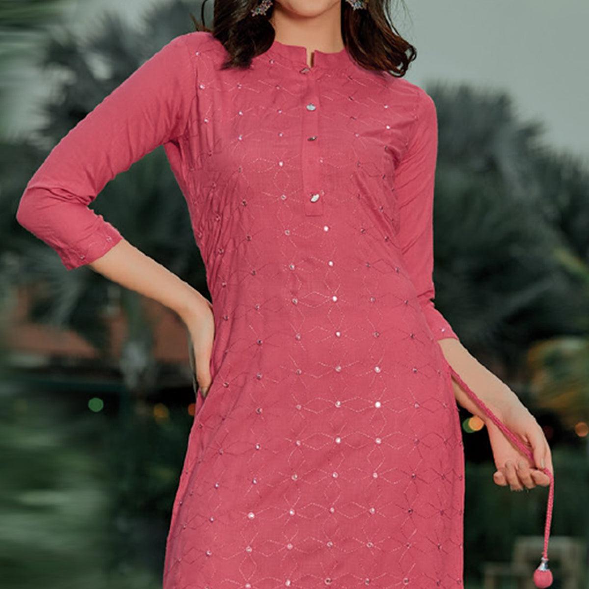 Peach Embellished With Embroidered Cotton Kurti - Peachmode