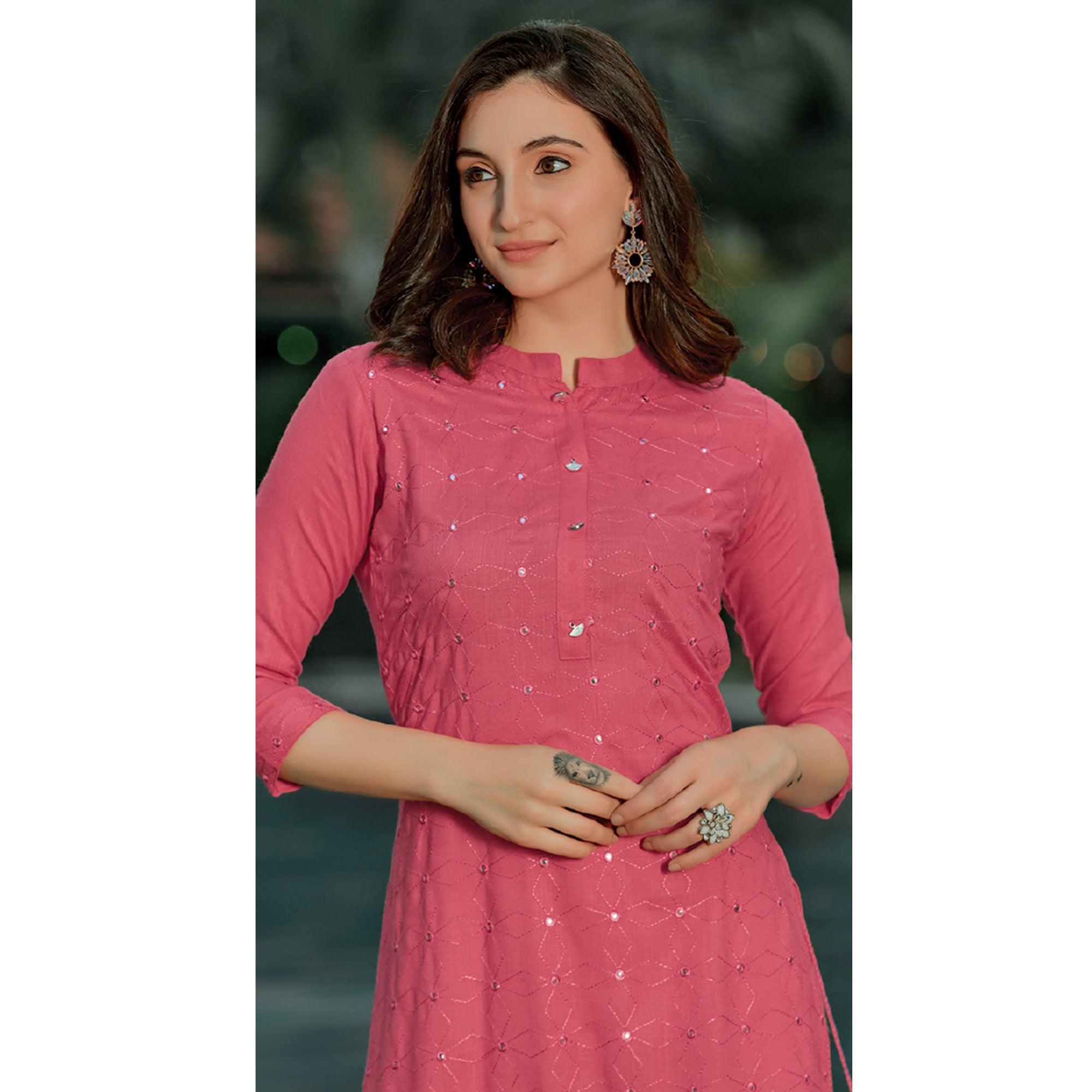 Peach Embellished With Embroidered Cotton Kurti - Peachmode