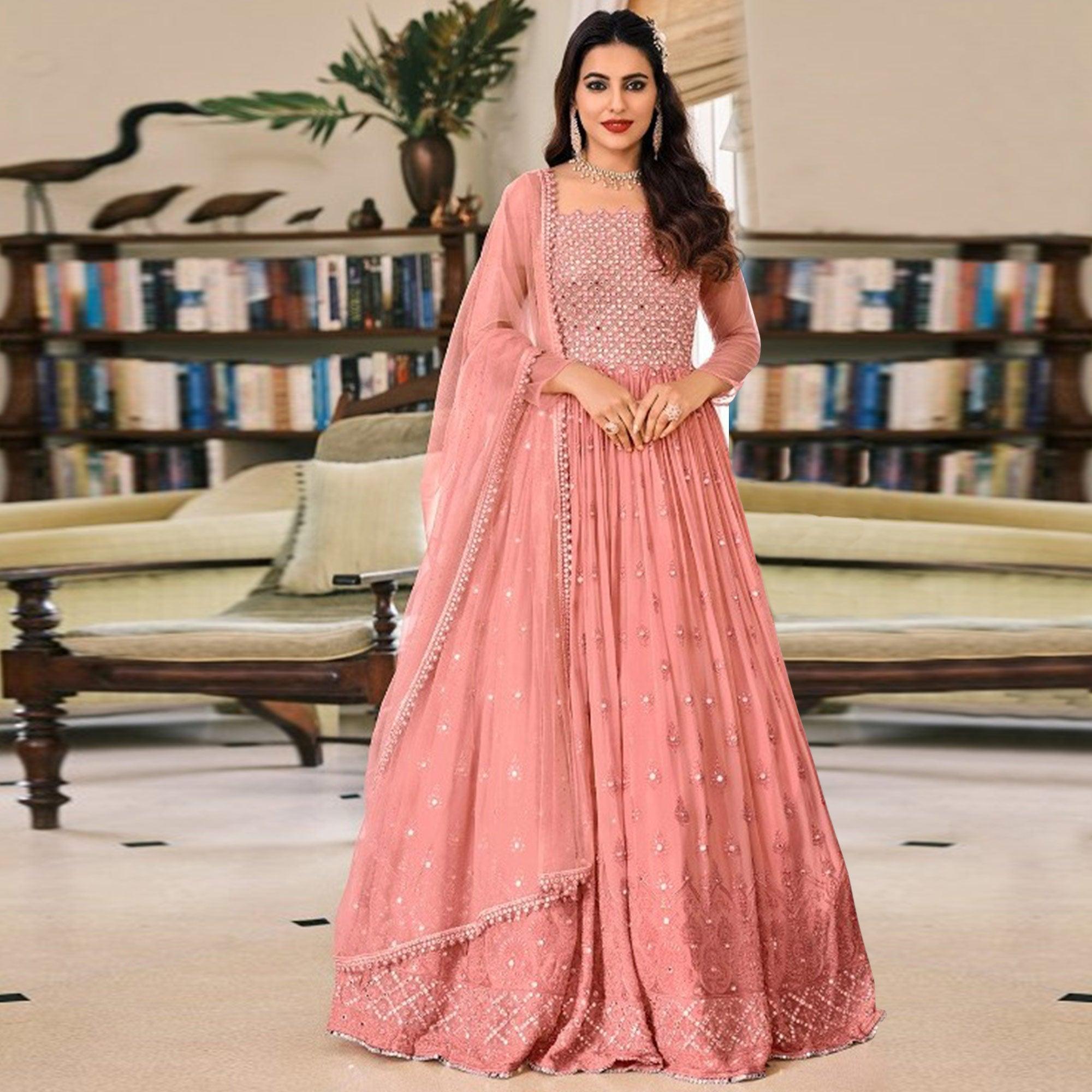 Peach Embellished With Embroidered Georgette Gown - Peachmode