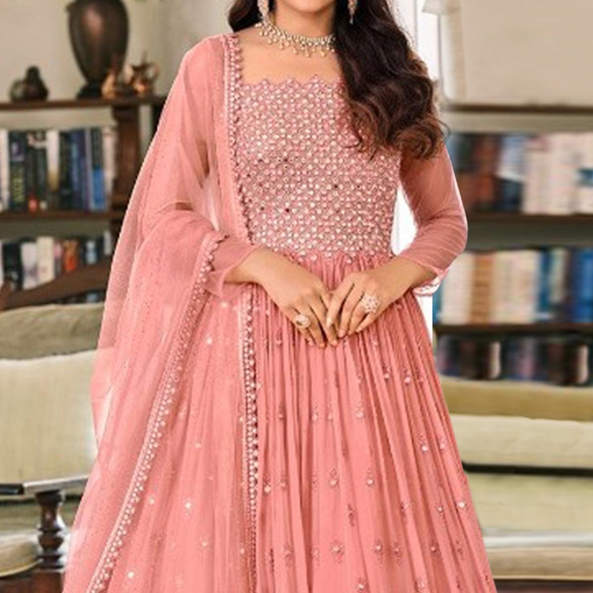 Peach Embellished With Embroidered Georgette Gown - Peachmode