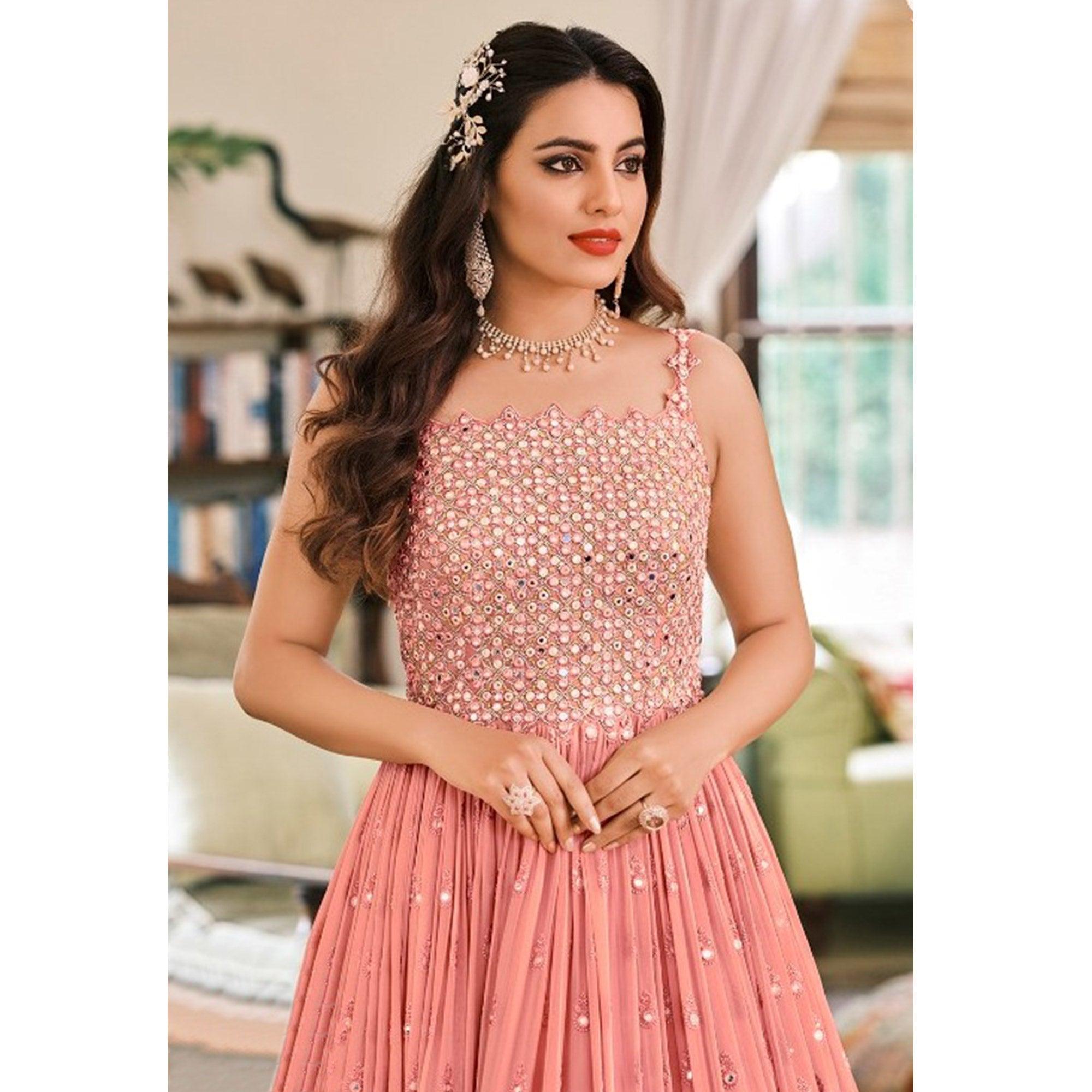 Peach Embellished With Embroidered Georgette Gown - Peachmode